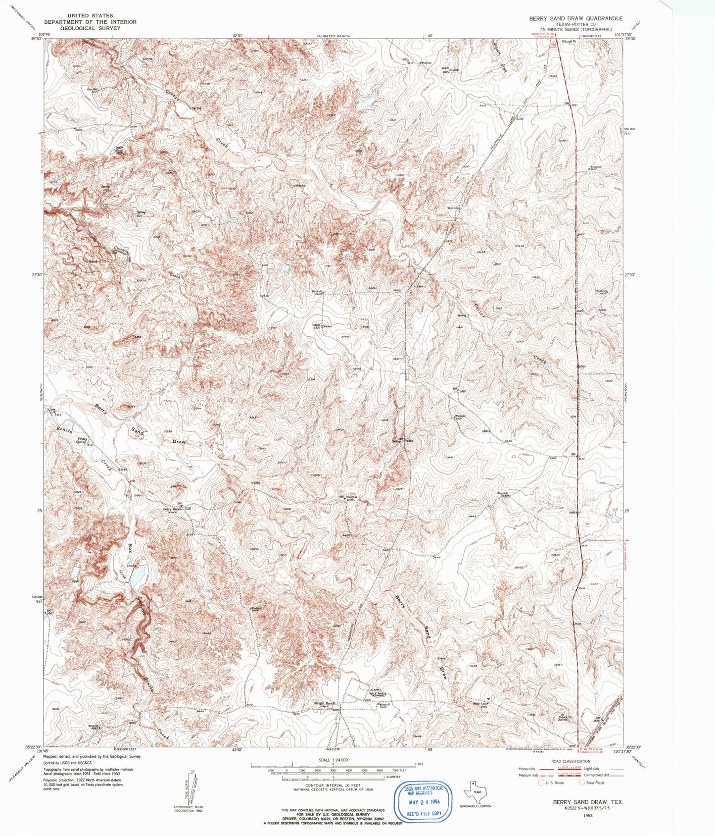 Classic USGS Berry Sand Draw Texas 7.5'x7.5' Topo Map Image
