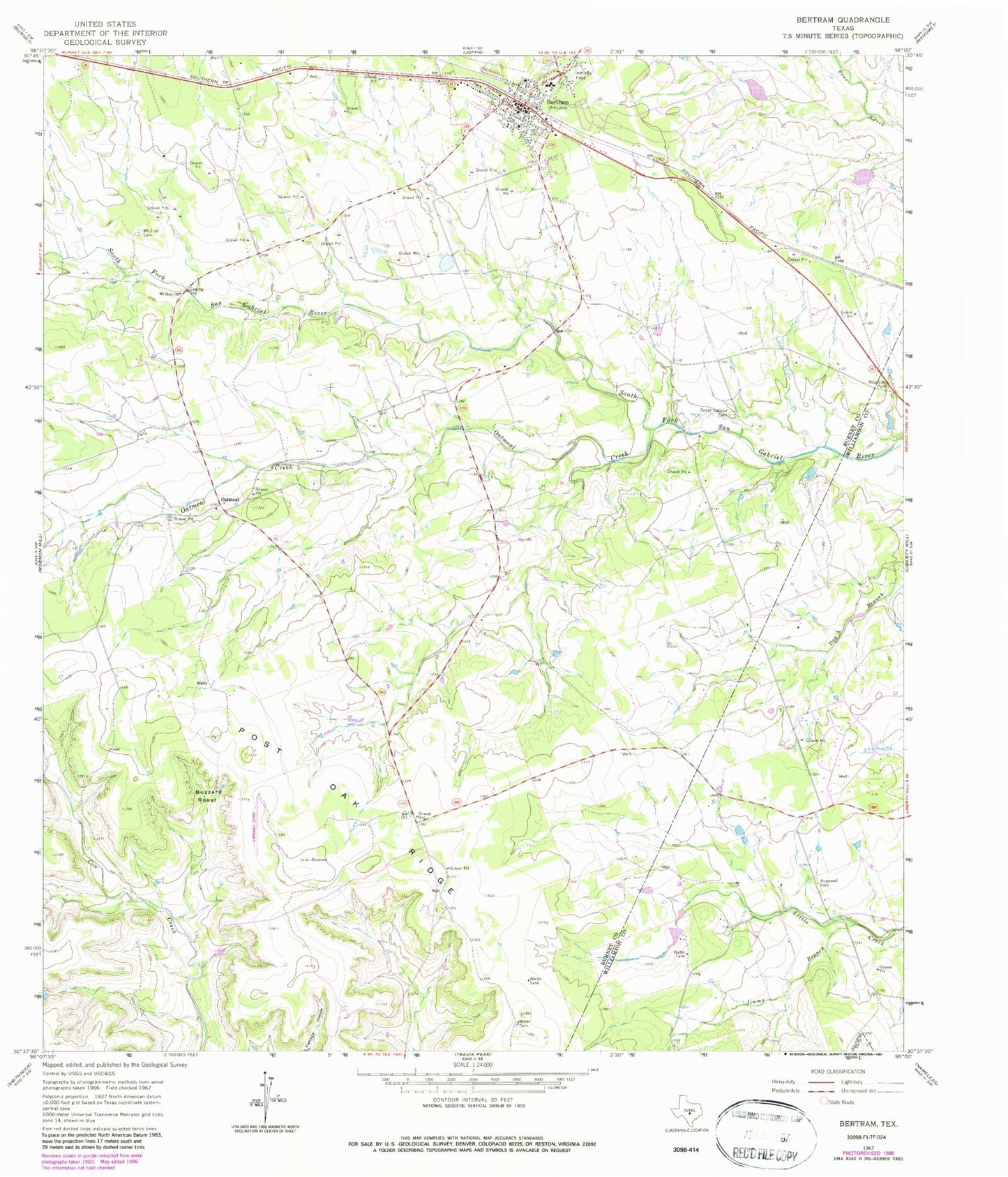 Classic USGS Bertram Texas 7.5'x7.5' Topo Map Image