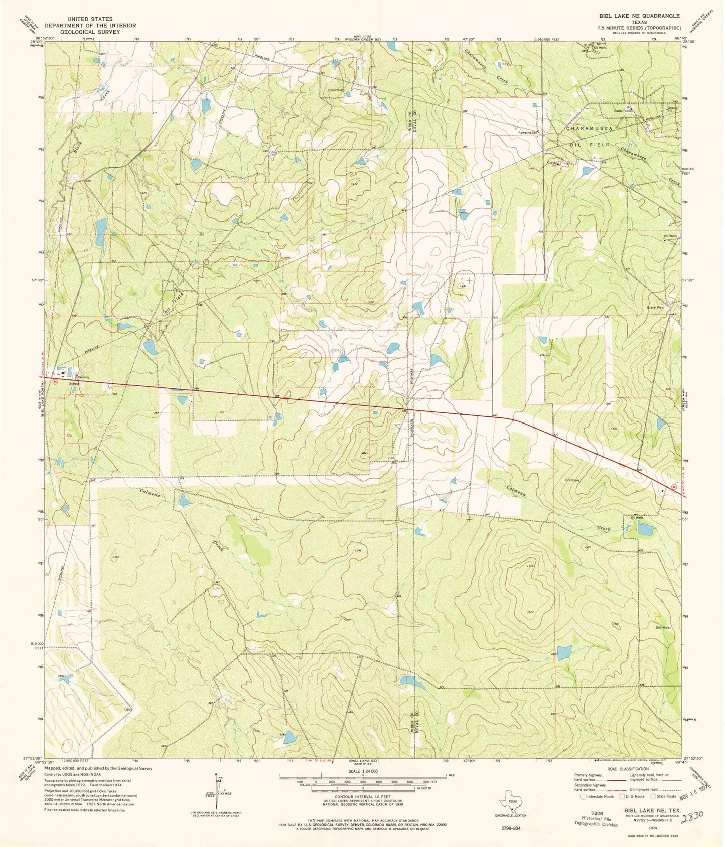 Classic USGS Biel Lake NE Texas 7.5'x7.5' Topo Map Image
