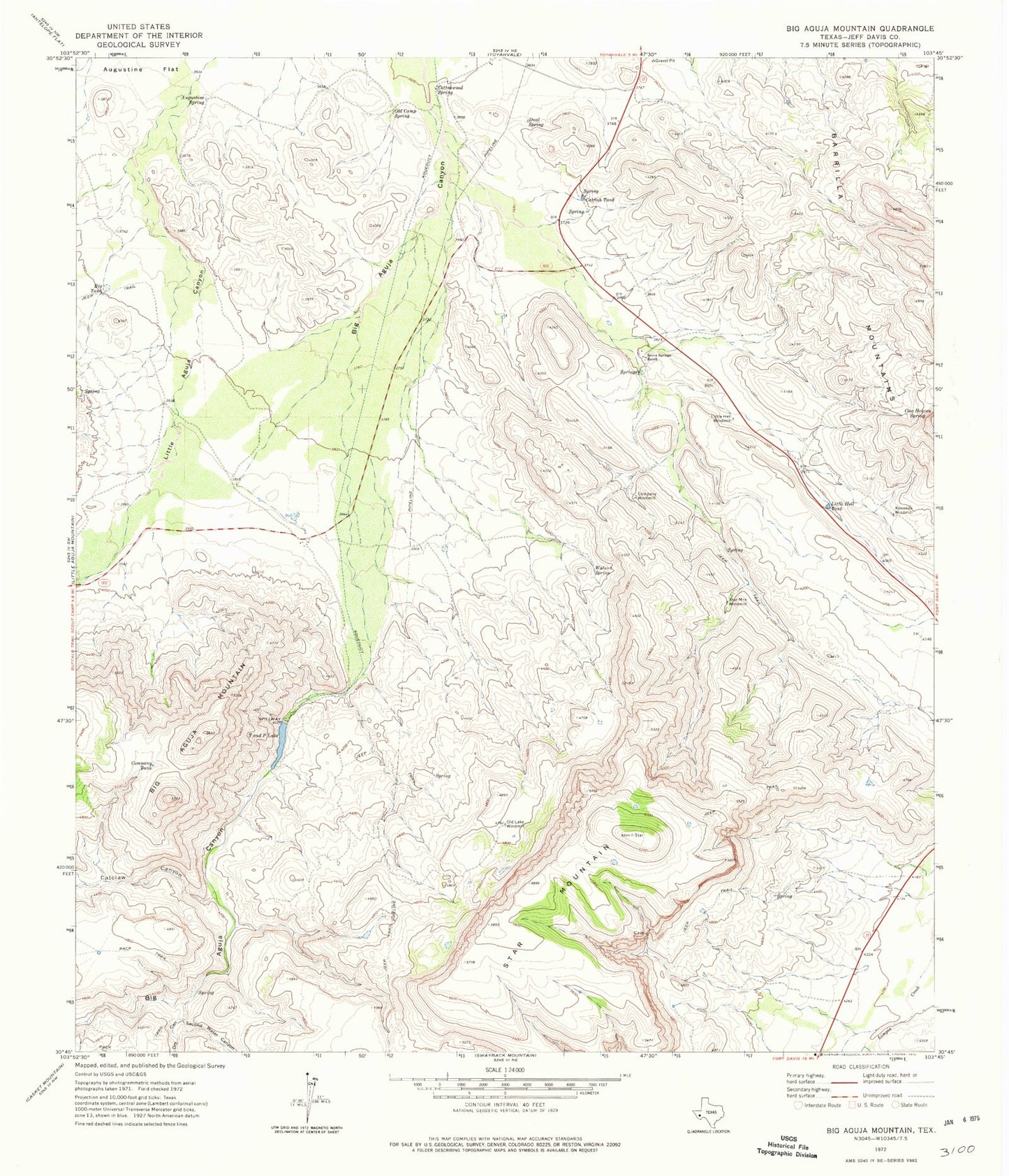Classic USGS Big Aguja Mountain Texas 7.5'x7.5' Topo Map Image
