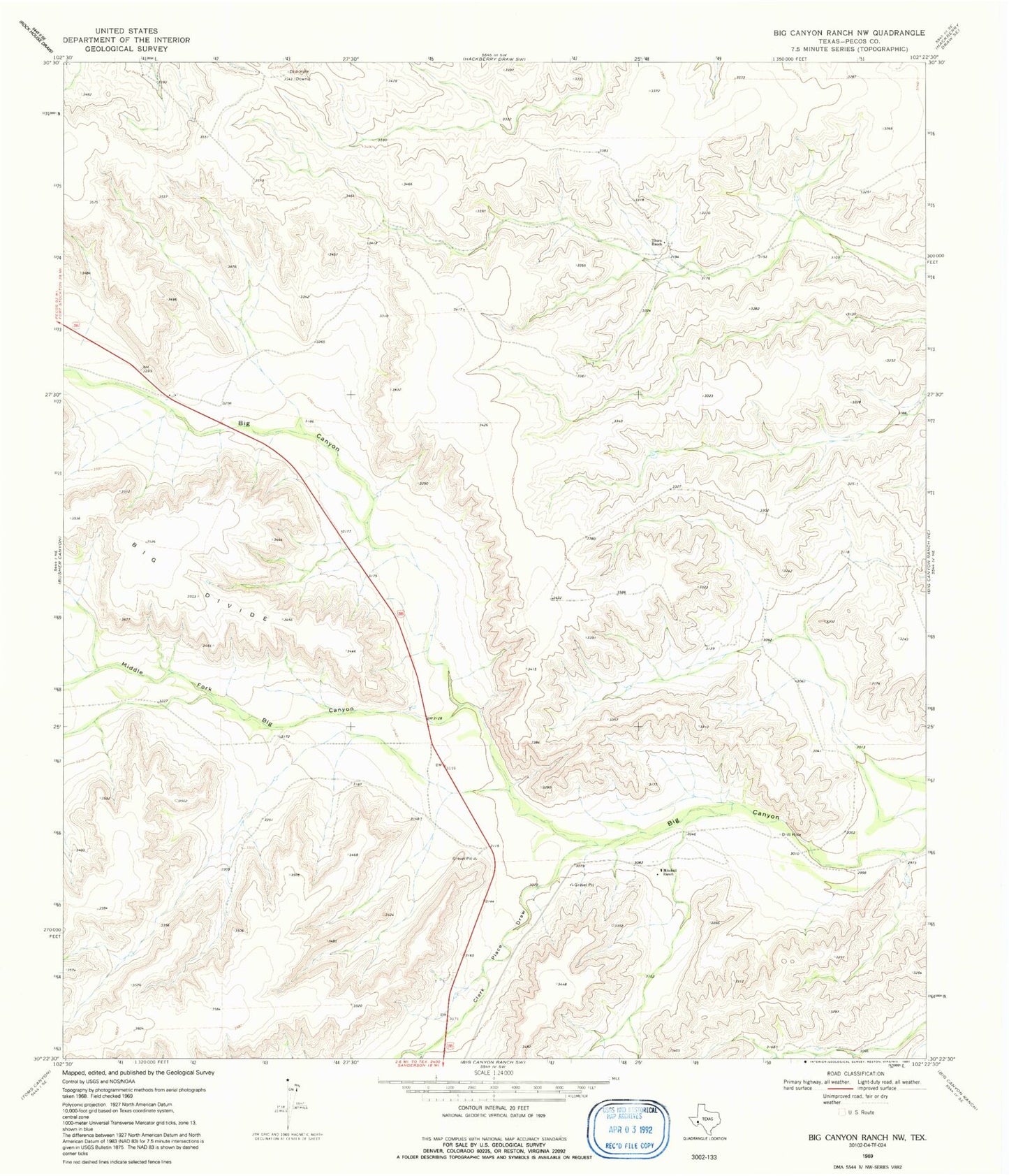 Classic USGS Big Canyon Ranch NW Texas 7.5'x7.5' Topo Map Image
