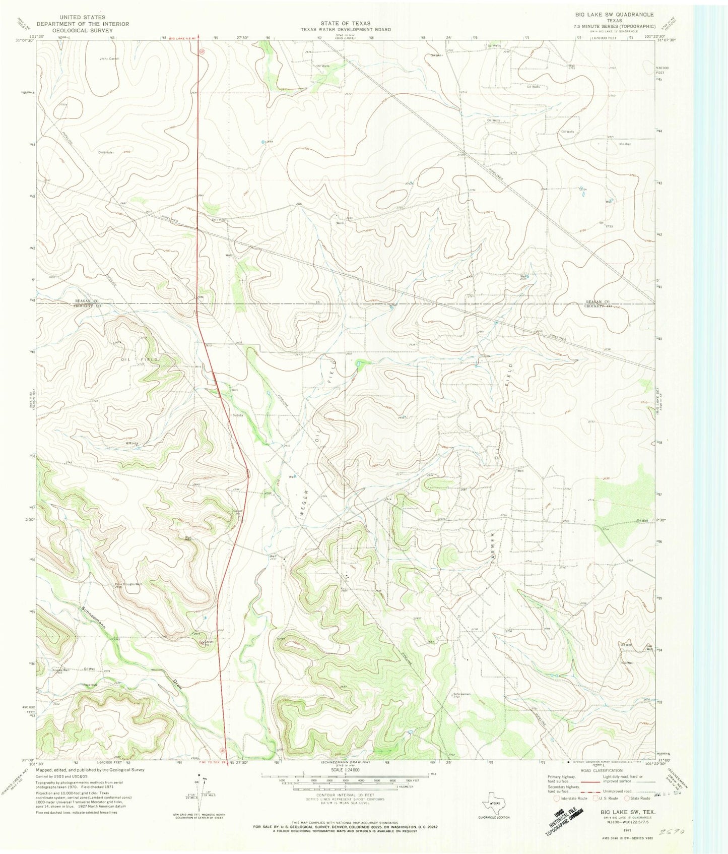 Classic USGS Big Lake SW Texas 7.5'x7.5' Topo Map Image