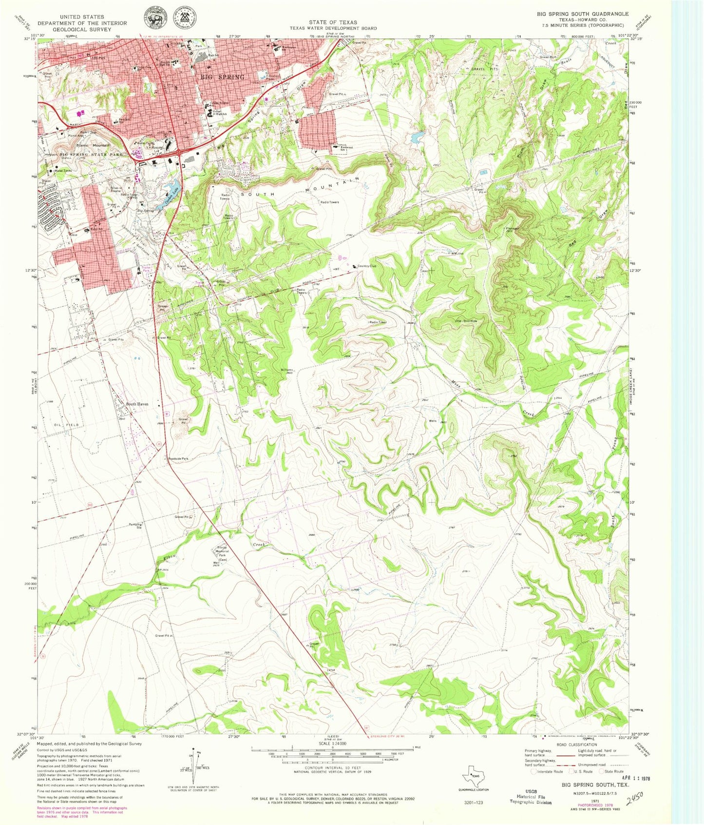 Classic USGS Big Spring South Texas 7.5'x7.5' Topo Map Image