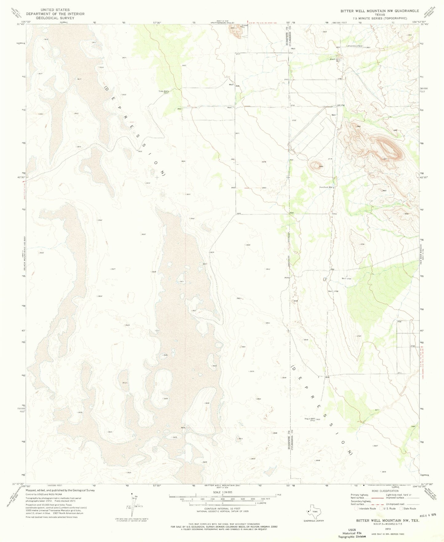 Classic USGS Bitter Well Mountain NW Texas 7.5'x7.5' Topo Map Image
