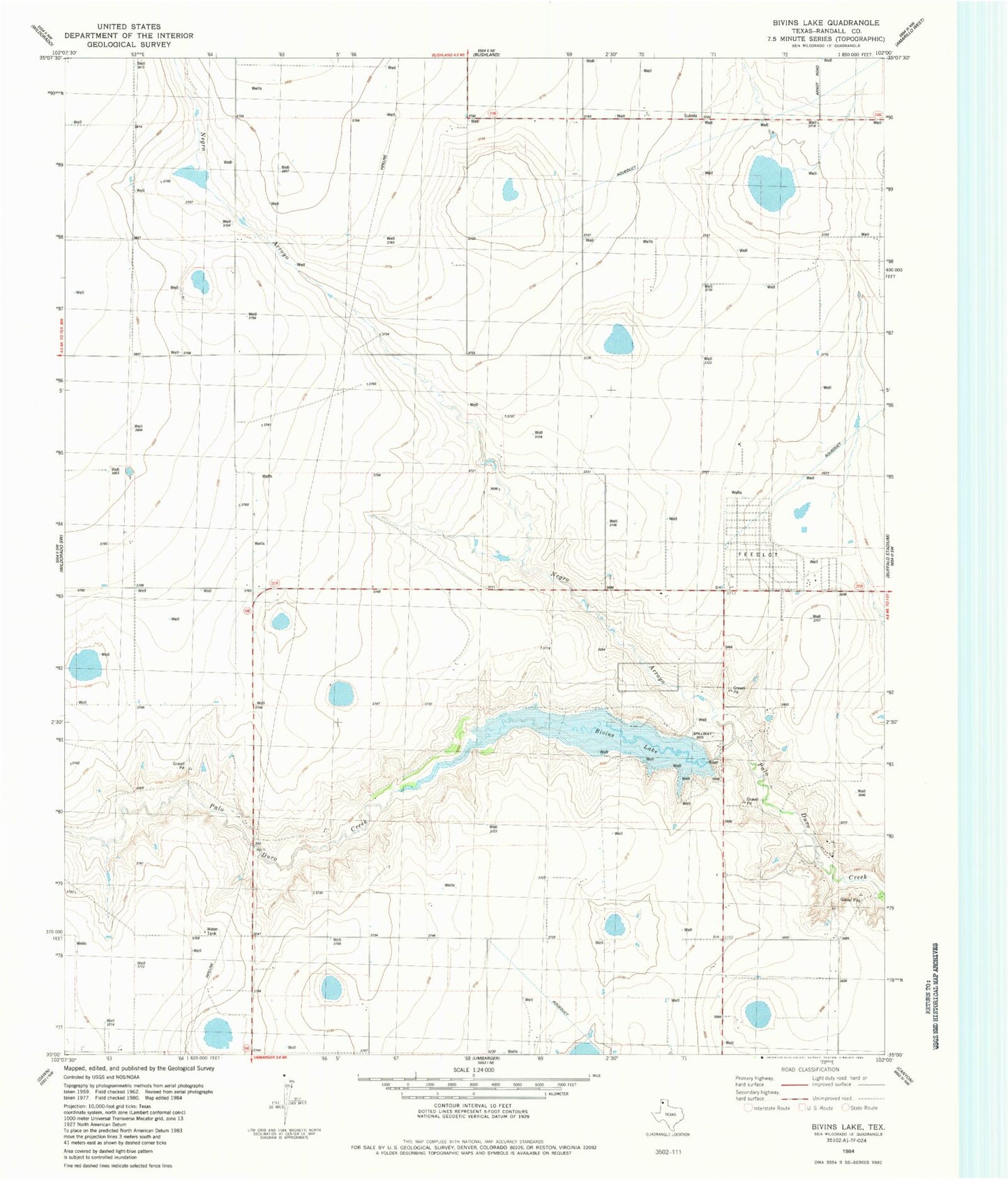 Classic USGS Bivins Lake Texas 7.5'x7.5' Topo Map Image