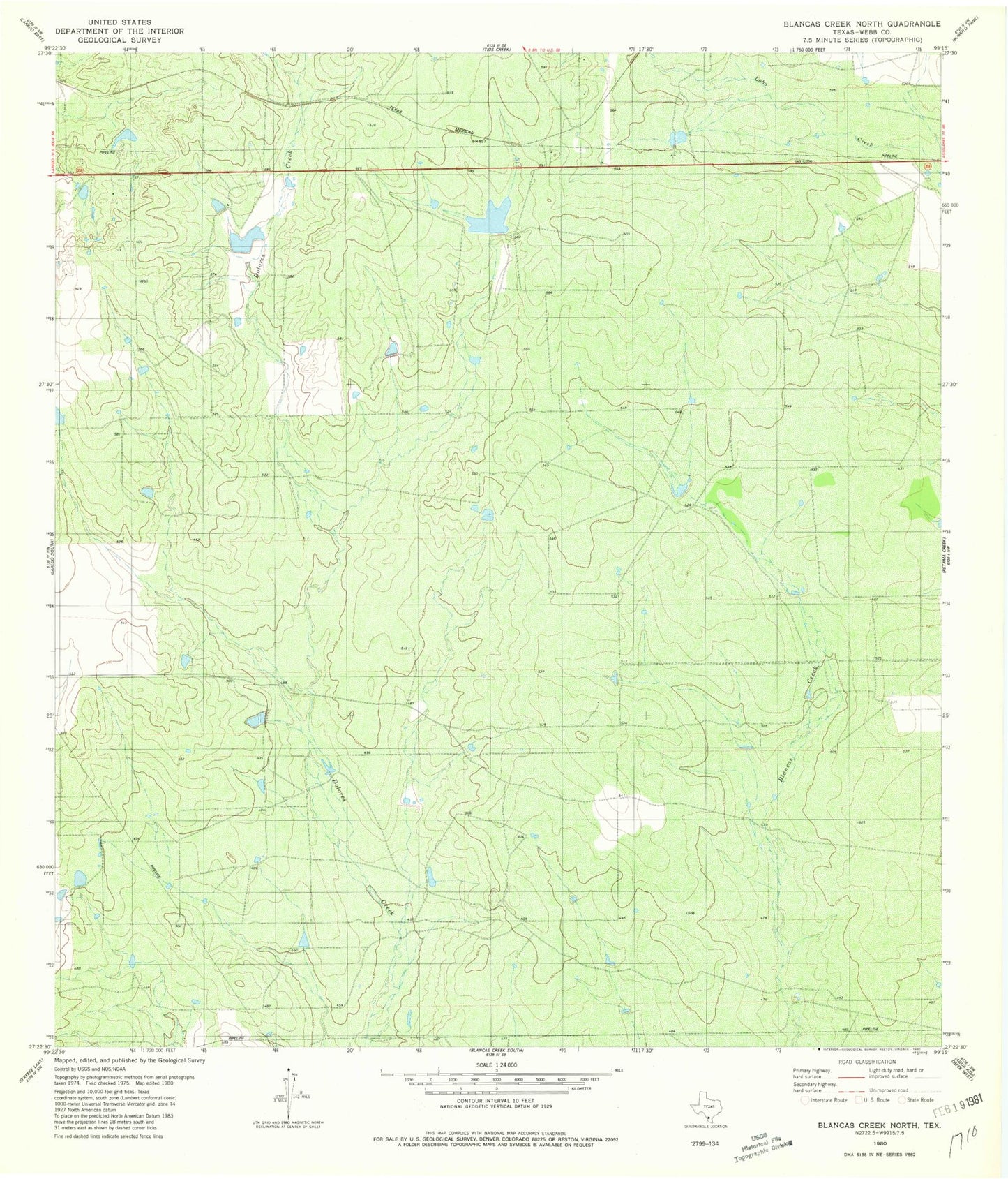 Classic USGS Blancas Creek North Texas 7.5'x7.5' Topo Map Image