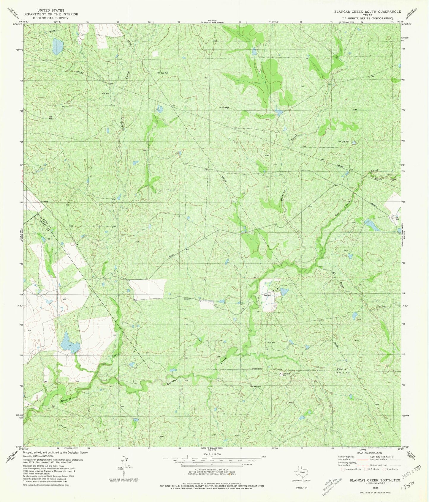 Classic USGS Blancas Creek South Texas 7.5'x7.5' Topo Map Image