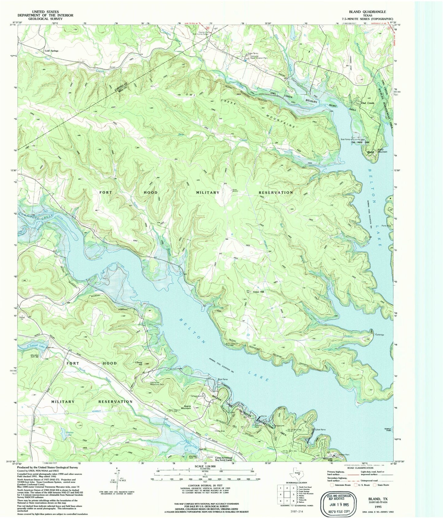 Classic USGS Bland Texas 7.5'x7.5' Topo Map Image