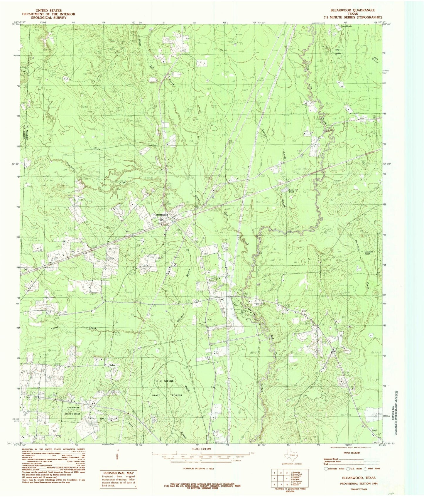Classic USGS Bleakwood Texas 7.5'x7.5' Topo Map Image