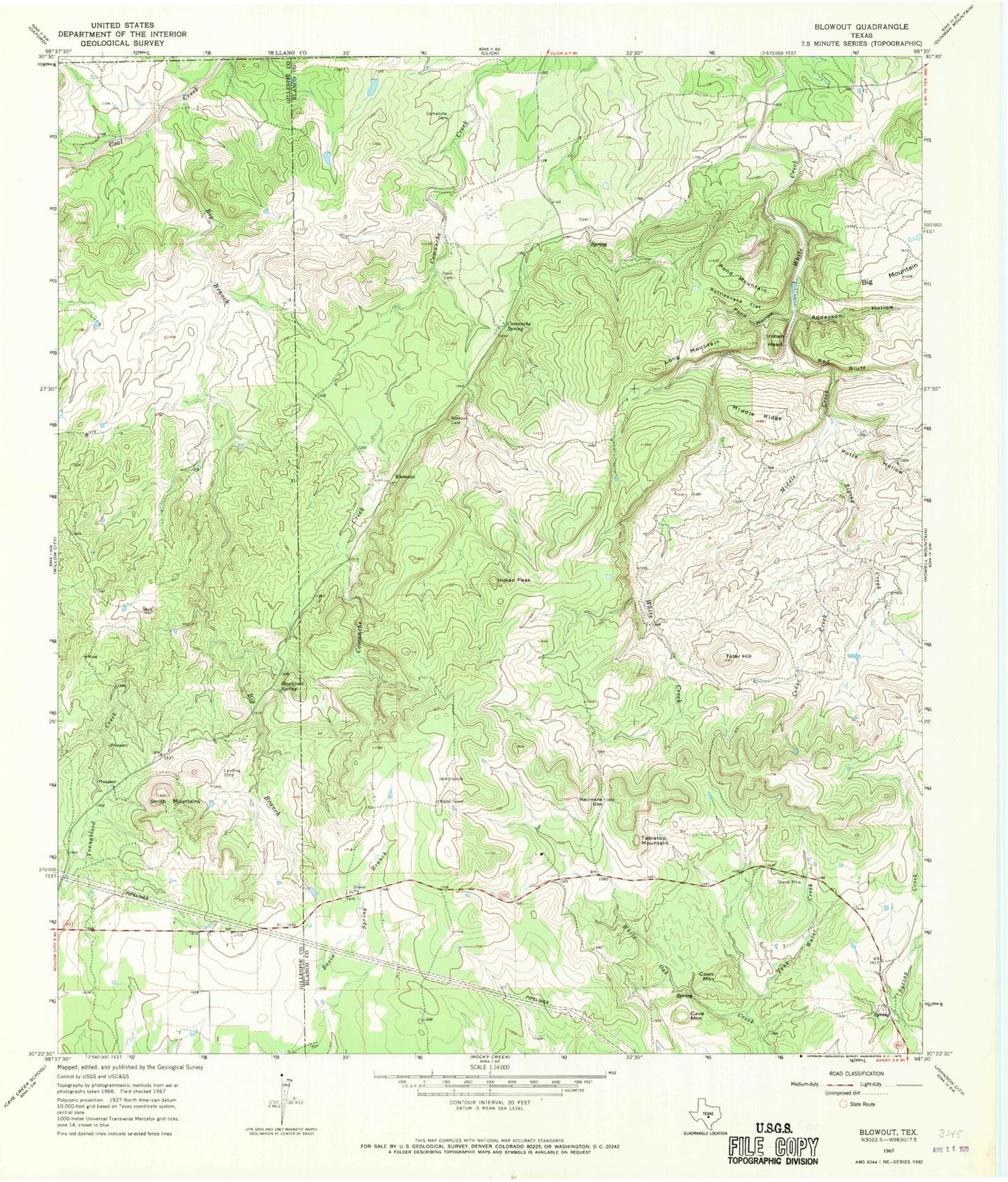 Classic USGS Blowout Texas 7.5'x7.5' Topo Map Image
