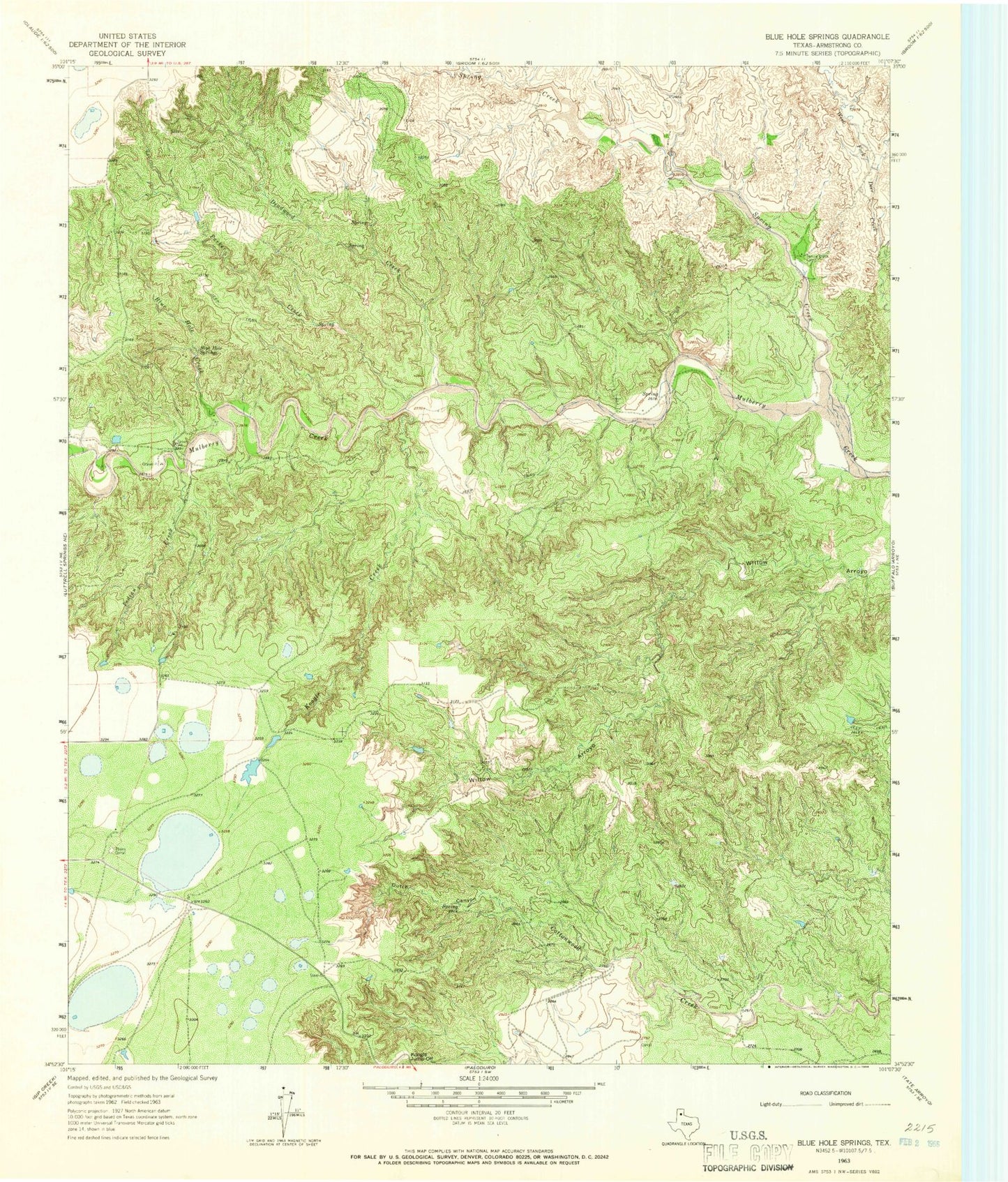 Classic USGS Blue Hole Springs Texas 7.5'x7.5' Topo Map Image