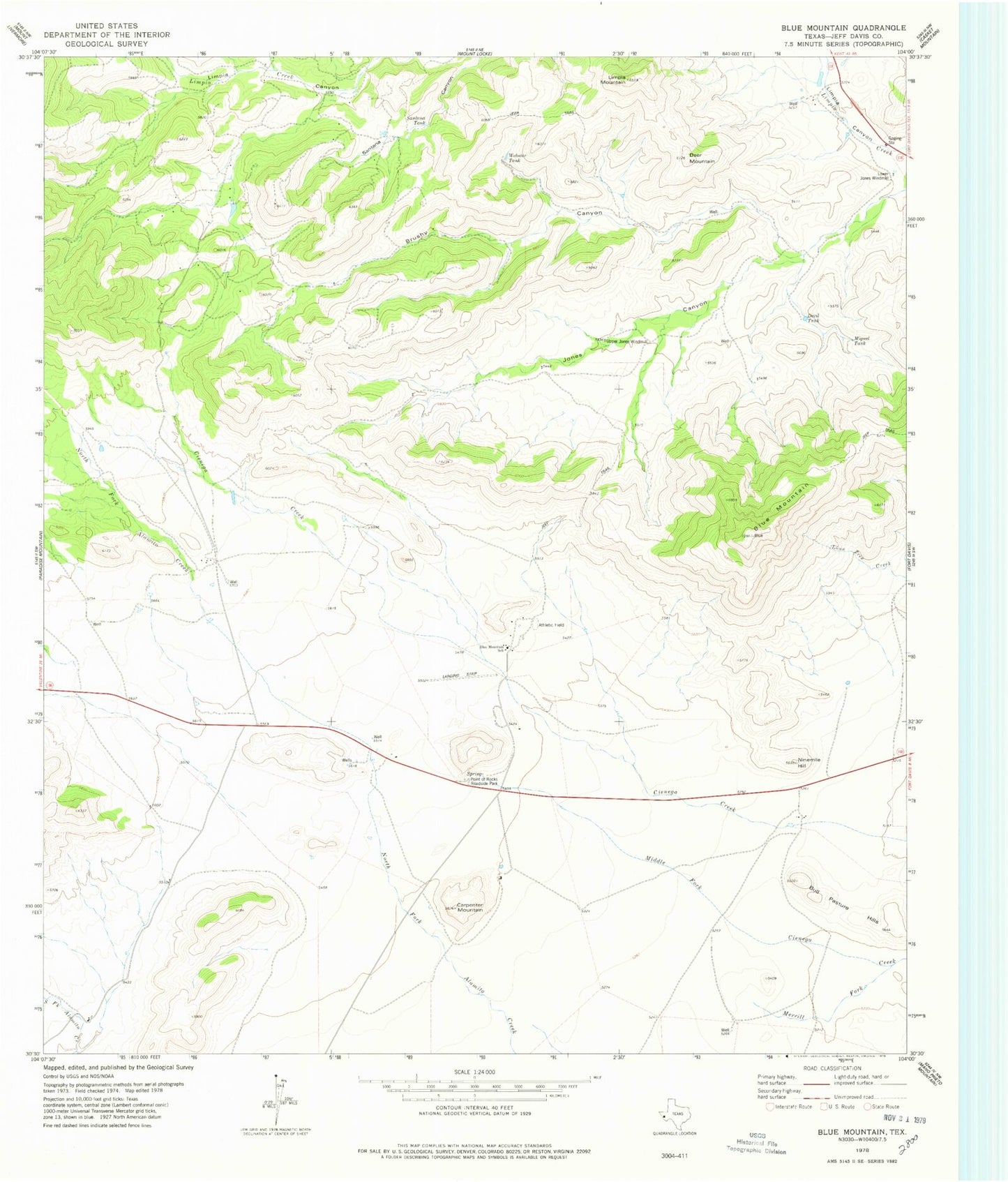 Classic USGS Blue Mountain Texas 7.5'x7.5' Topo Map Image