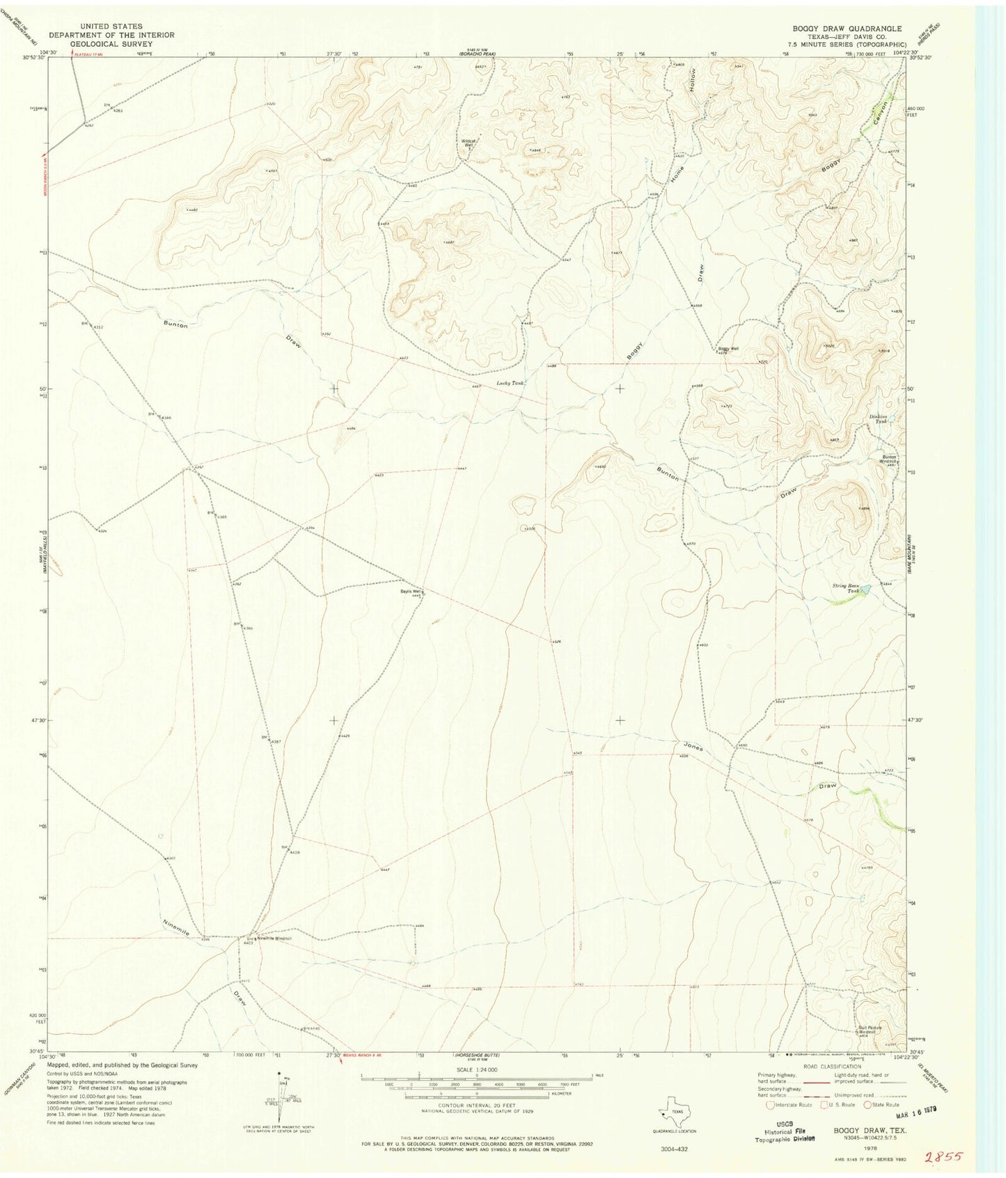 Classic USGS Boggy Draw Texas 7.5'x7.5' Topo Map Image