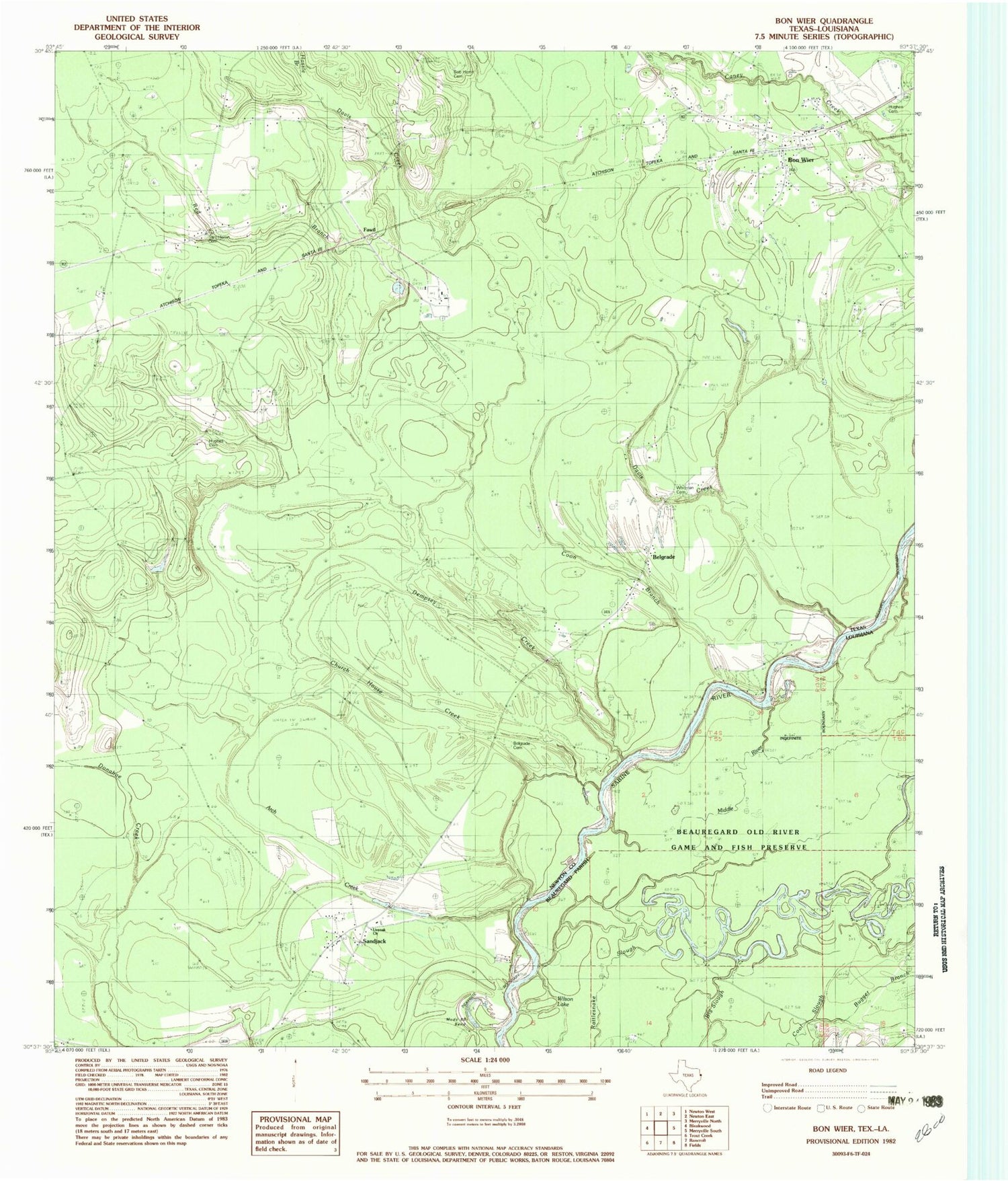 Classic USGS Bon Wier Texas 7.5'x7.5' Topo Map Image