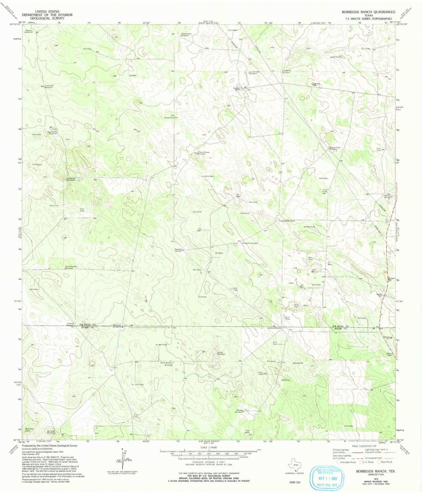 Classic USGS Borregos Ranch Texas 7.5'x7.5' Topo Map Image