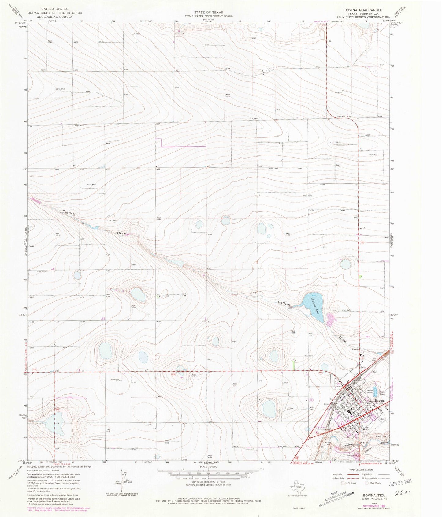 Classic USGS Bovina Texas 7.5'x7.5' Topo Map Image