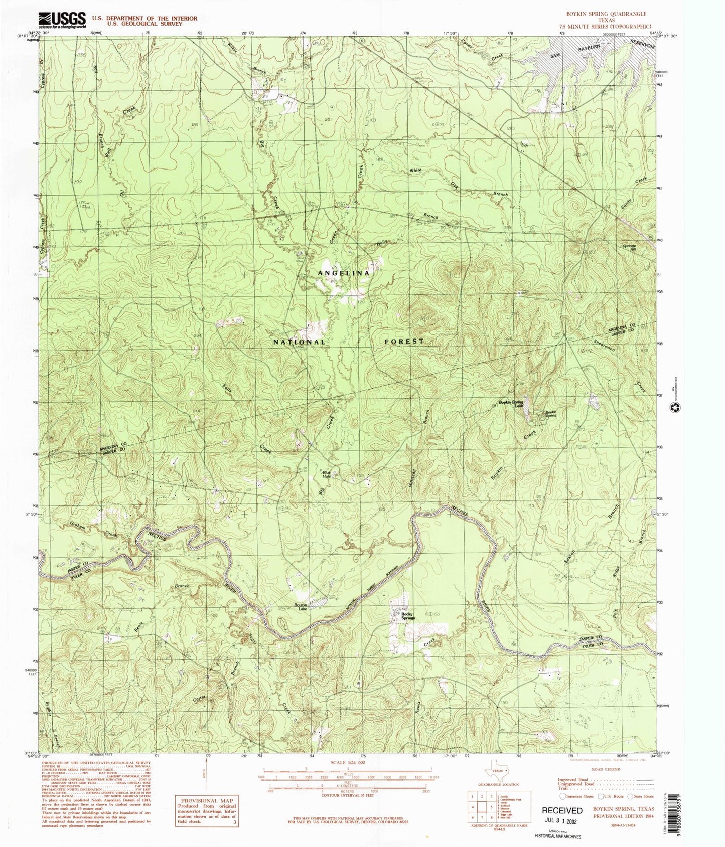 Classic USGS Boykin Spring Texas 7.5'x7.5' Topo Map Image