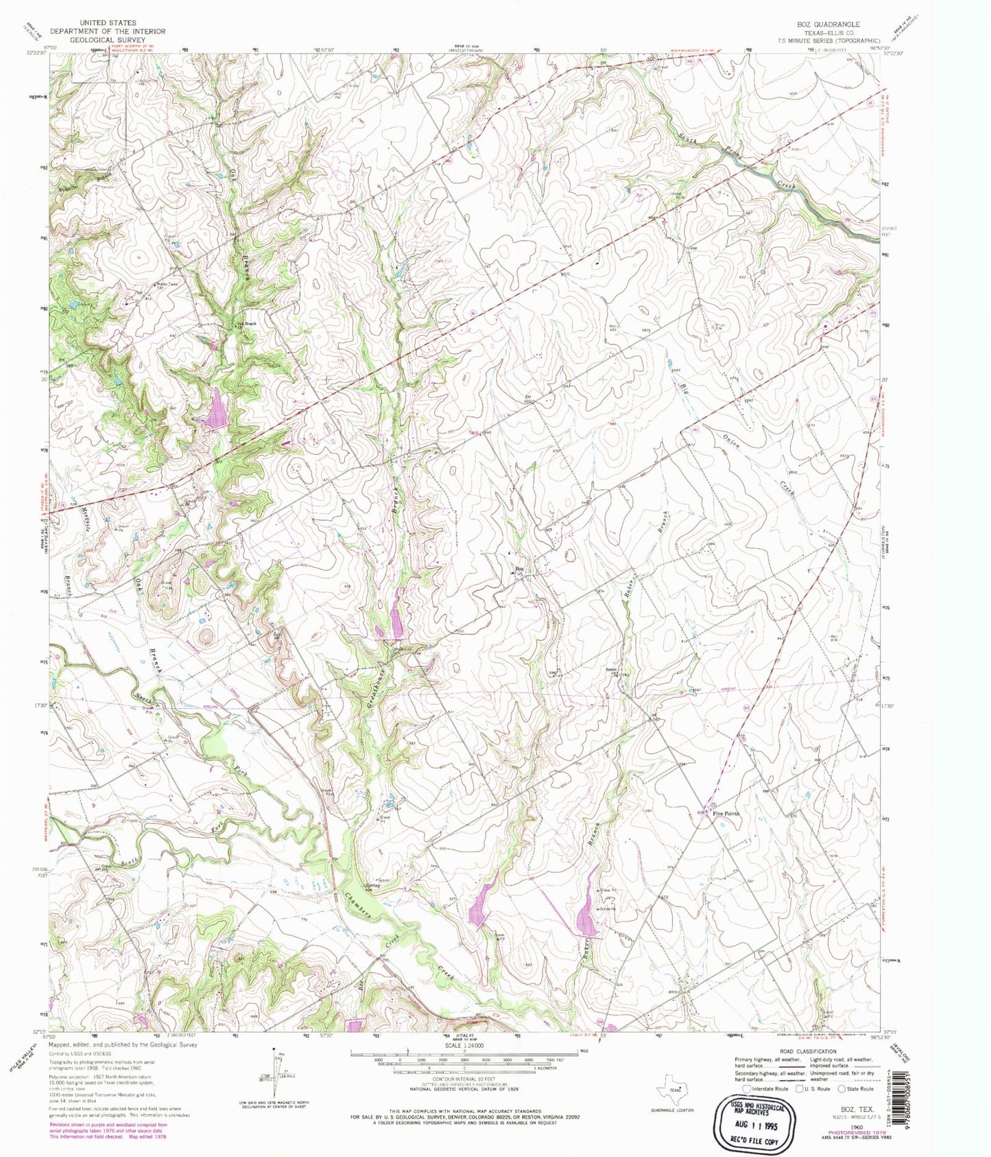 Classic USGS Boz Texas 7.5'x7.5' Topo Map Image