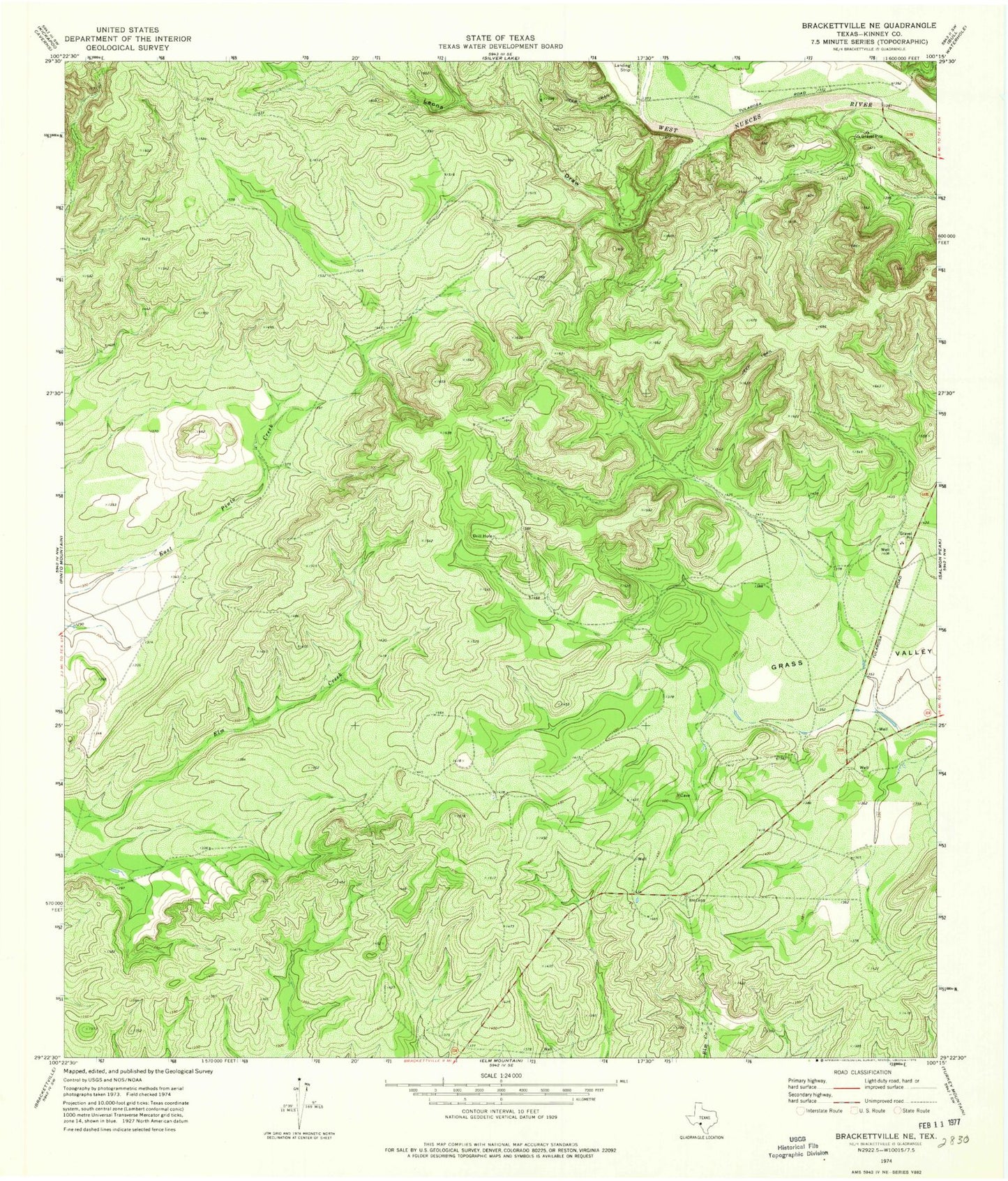 Classic USGS Brackettville NE Texas 7.5'x7.5' Topo Map Image
