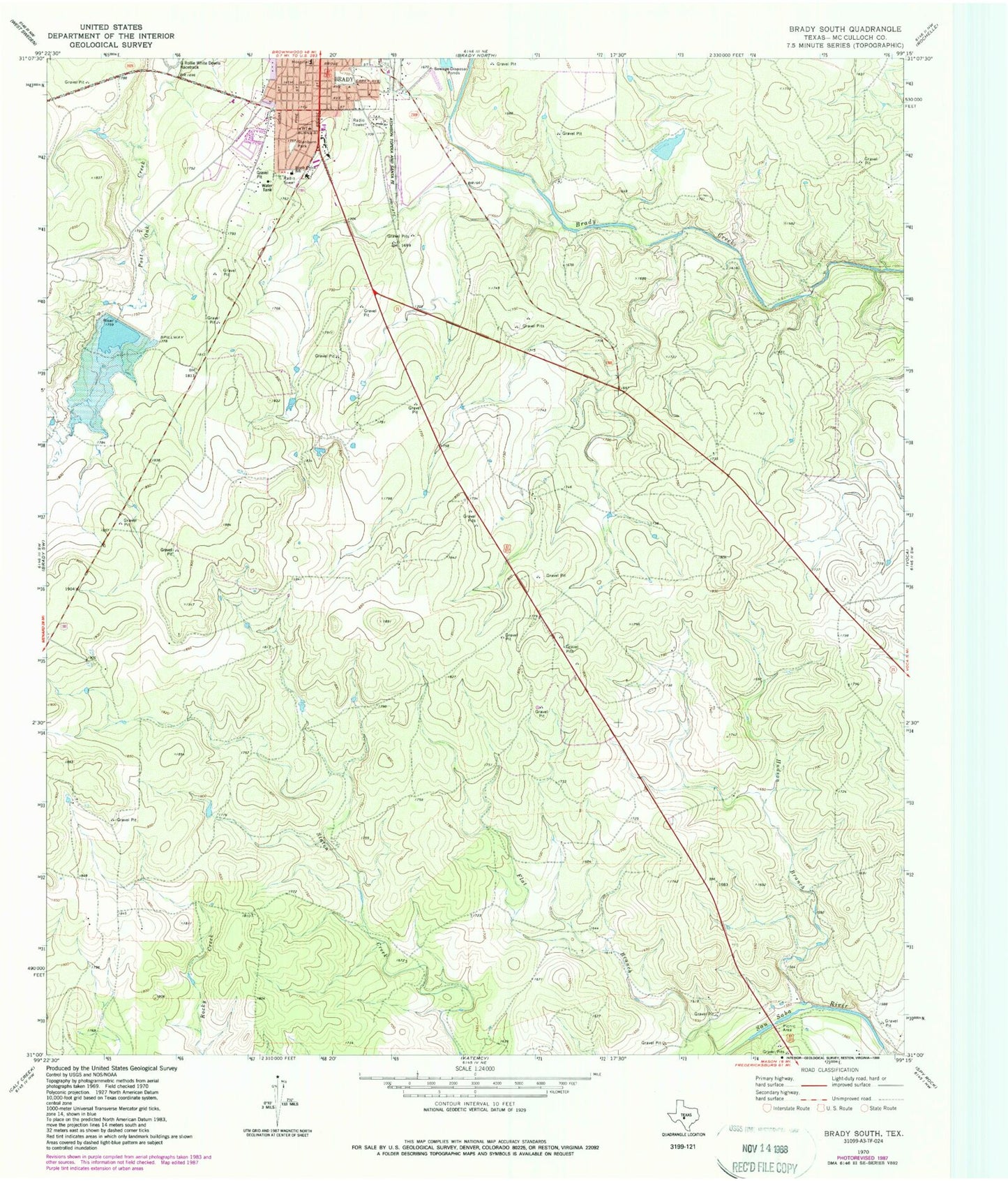 Classic USGS Brady South Texas 7.5'x7.5' Topo Map Image