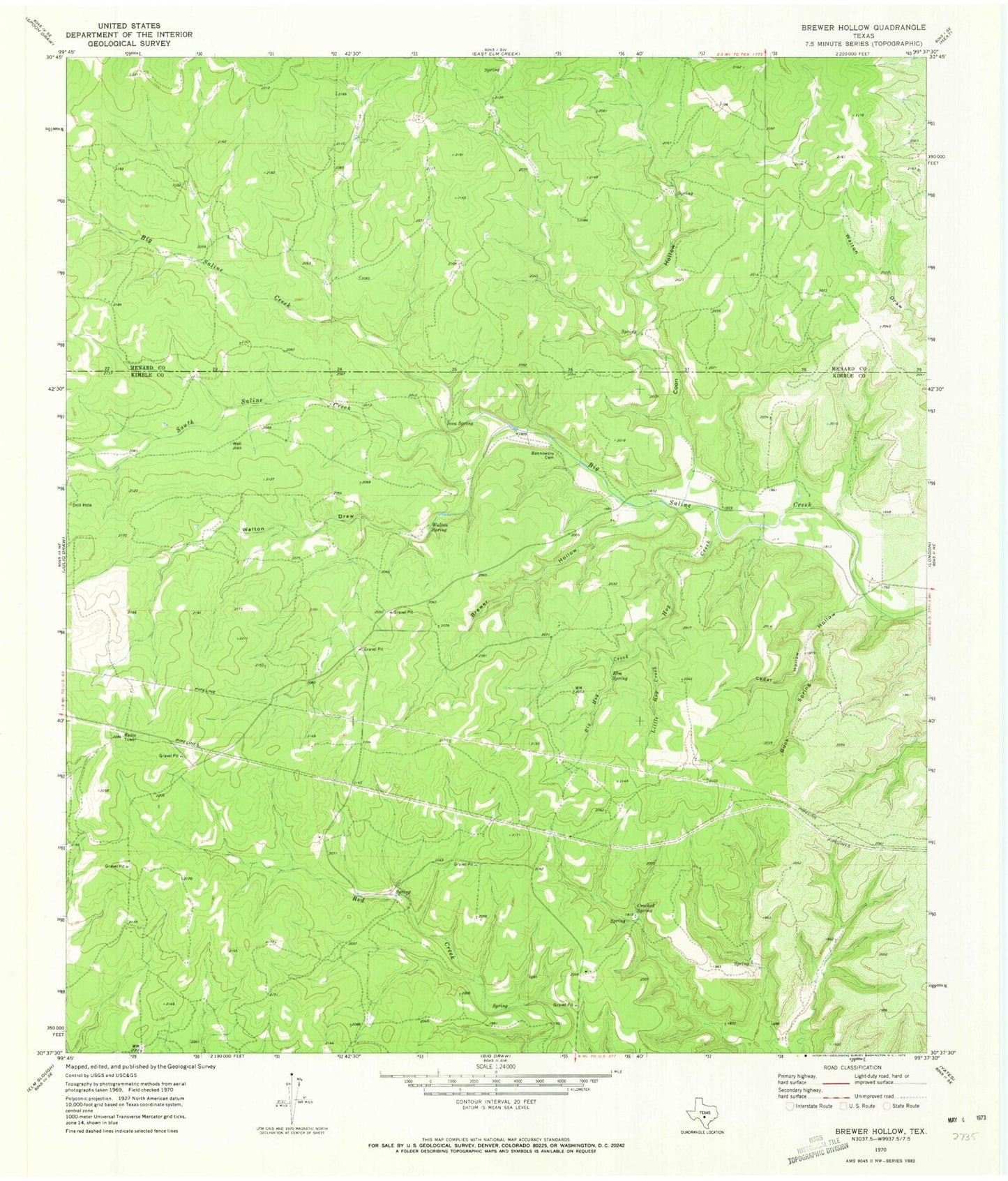 Classic USGS Brewer Hollow Texas 7.5'x7.5' Topo Map Image