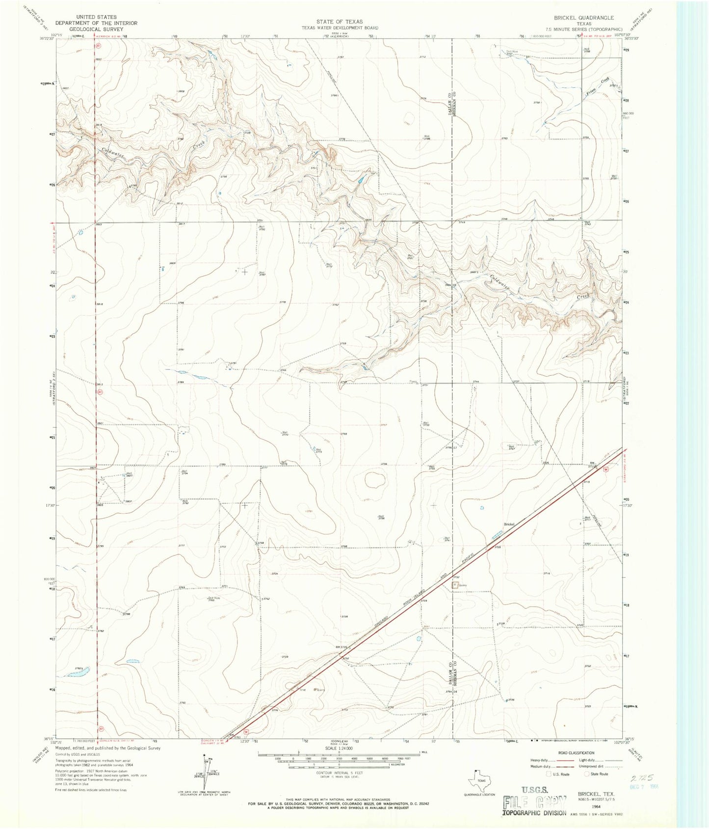 Classic USGS Brickel Texas 7.5'x7.5' Topo Map Image