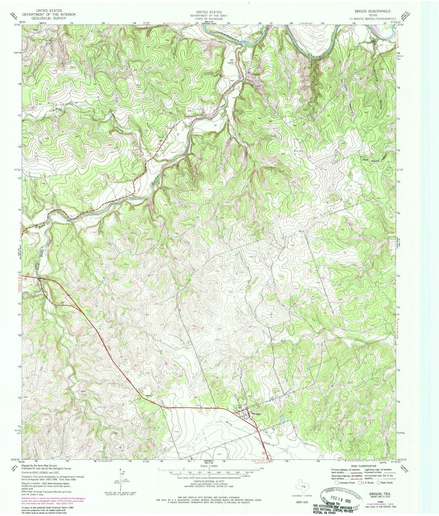 Classic USGS Briggs Texas 7.5'x7.5' Topo Map Image
