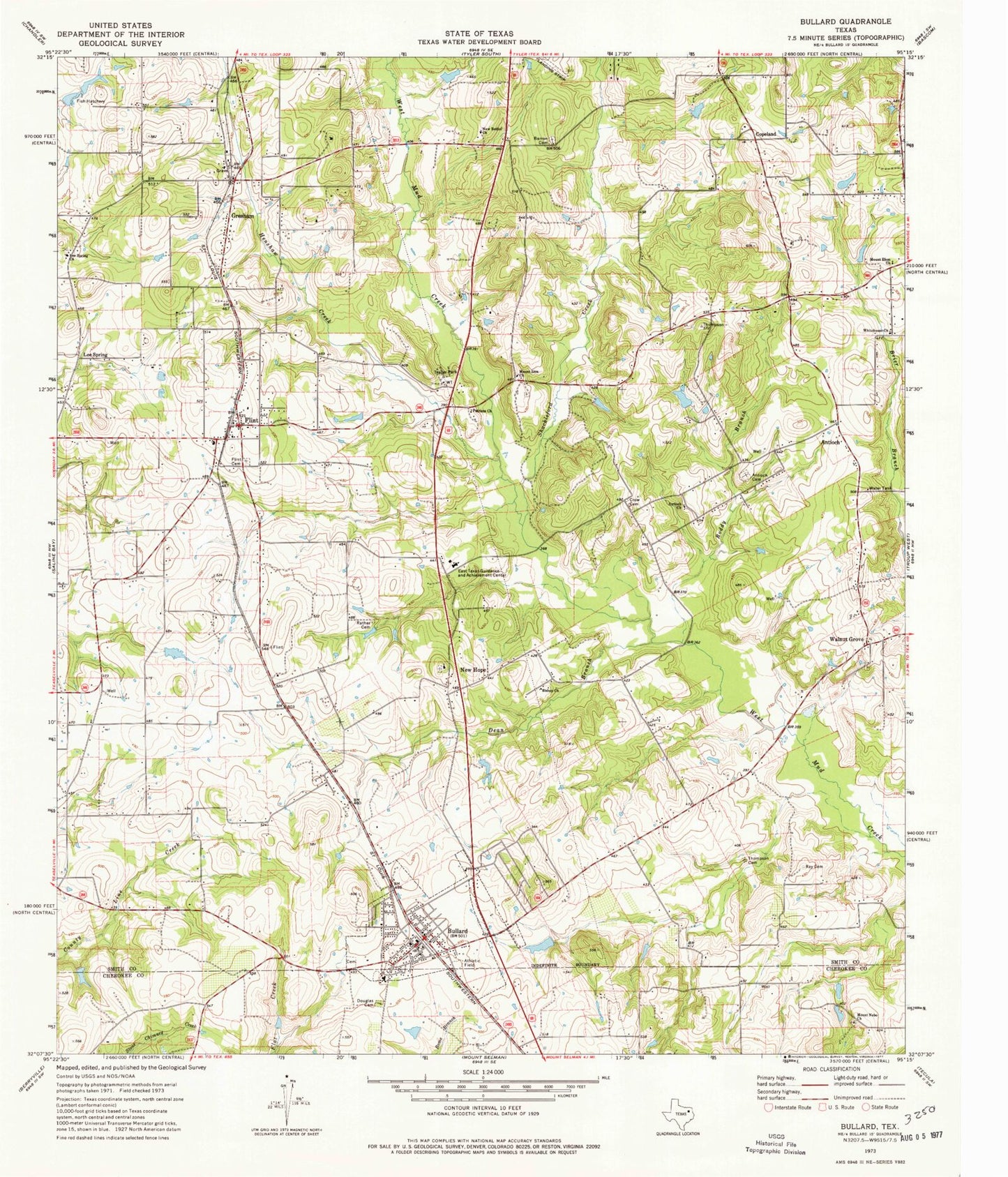 Classic USGS Bullard Texas 7.5'x7.5' Topo Map Image