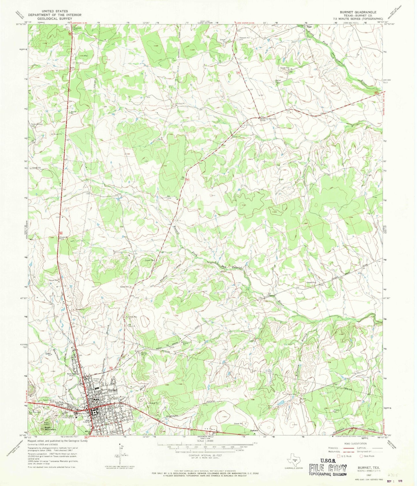 Classic USGS Burnet Texas 7.5'x7.5' Topo Map Image