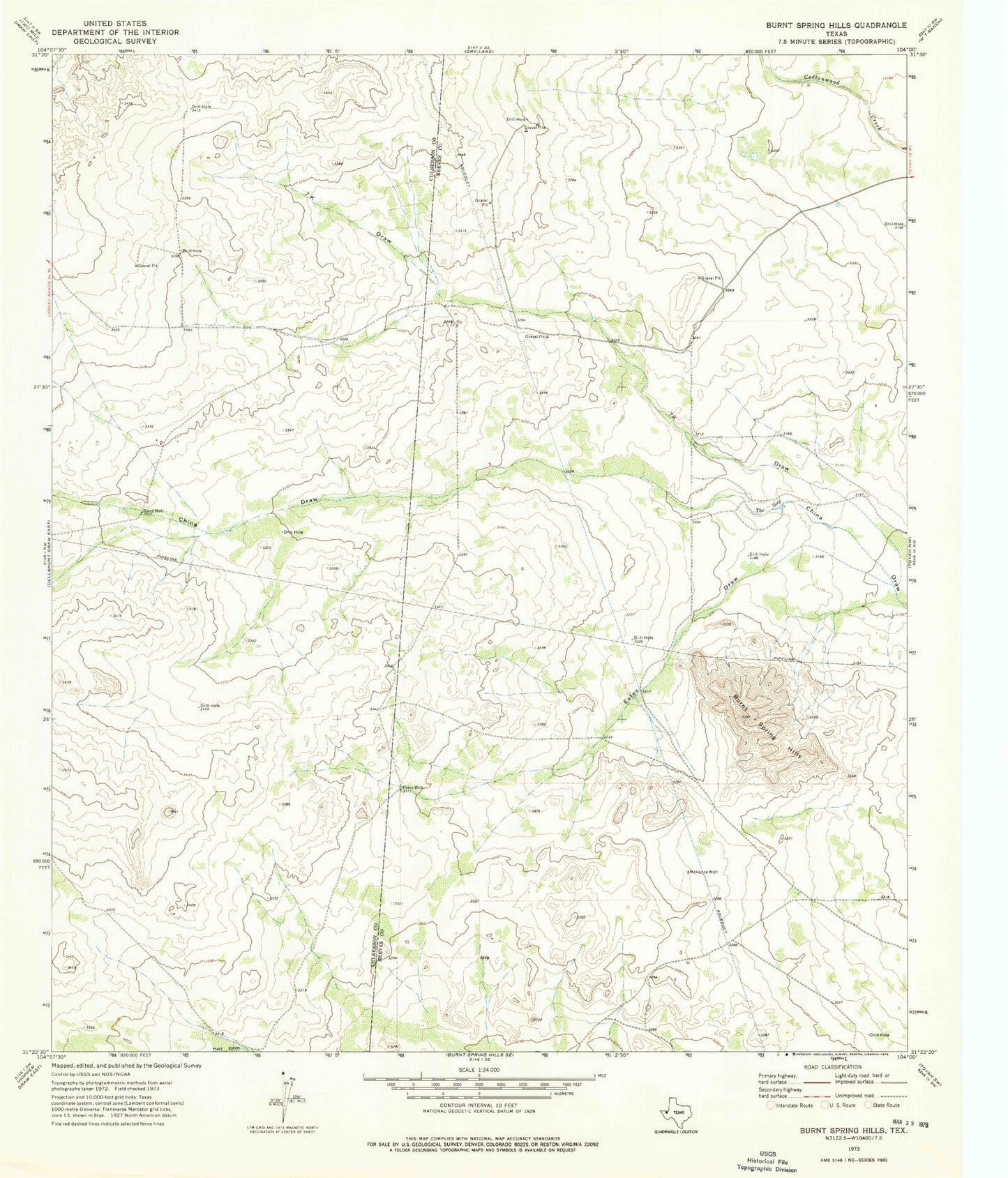 Classic USGS Burnt Spring Hills Texas 7.5'x7.5' Topo Map Image