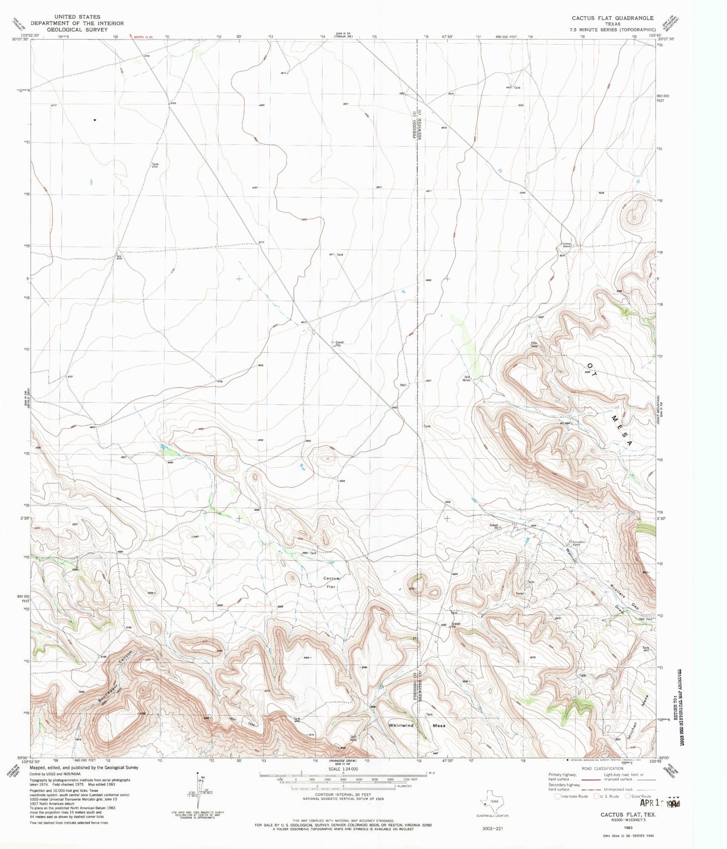 Classic USGS Cactus Flat Texas 7.5'x7.5' Topo Map Image