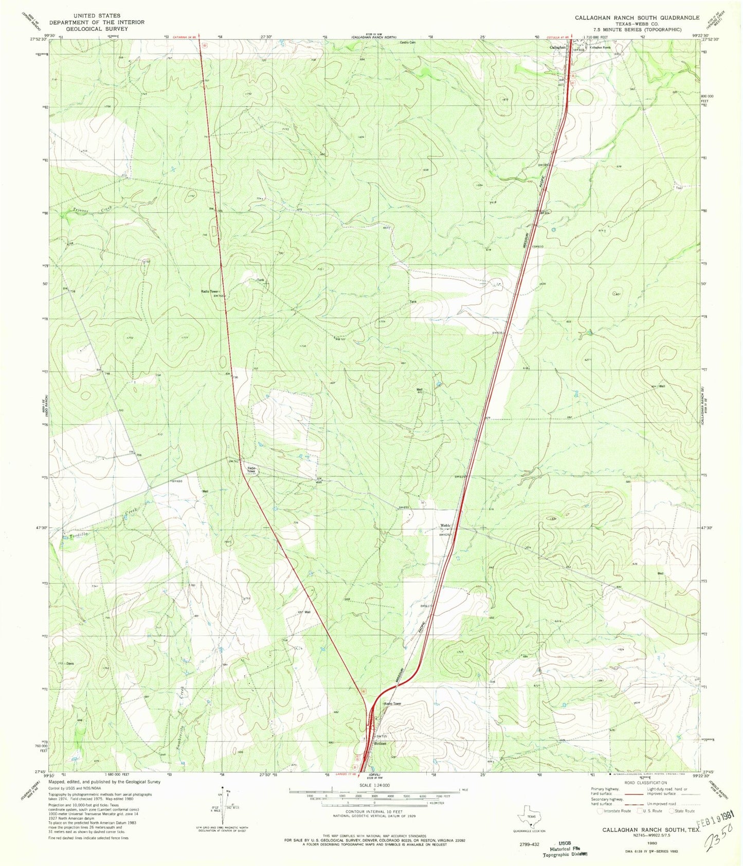 Classic USGS Callaghan Ranch South Texas 7.5'x7.5' Topo Map Image