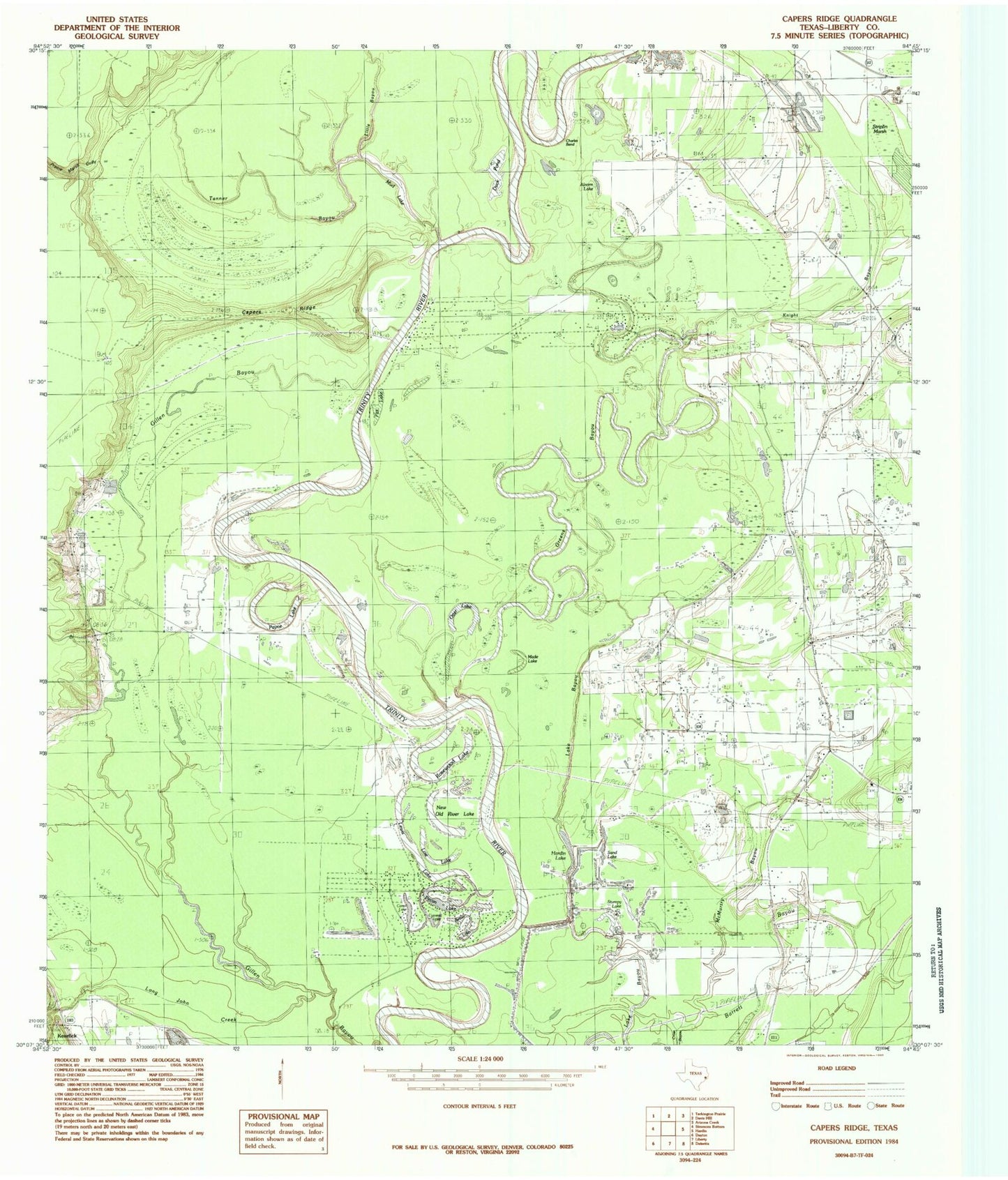 Classic USGS Capers Ridge Texas 7.5'x7.5' Topo Map Image