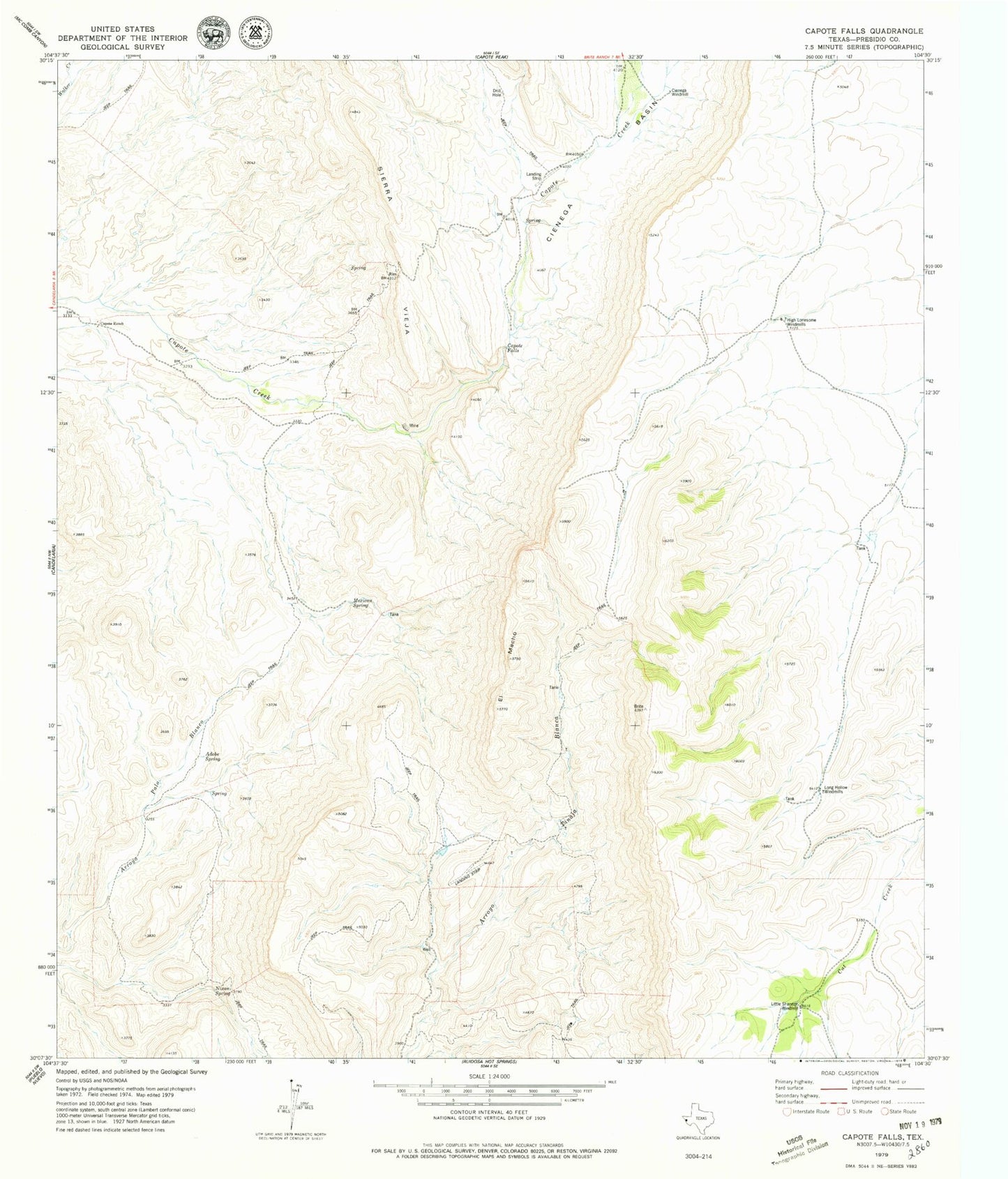Classic USGS Capote Falls Texas 7.5'x7.5' Topo Map Image