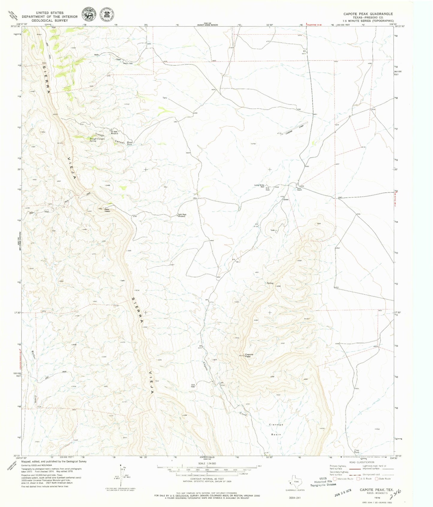 Classic USGS Capote Peak Texas 7.5'x7.5' Topo Map Image