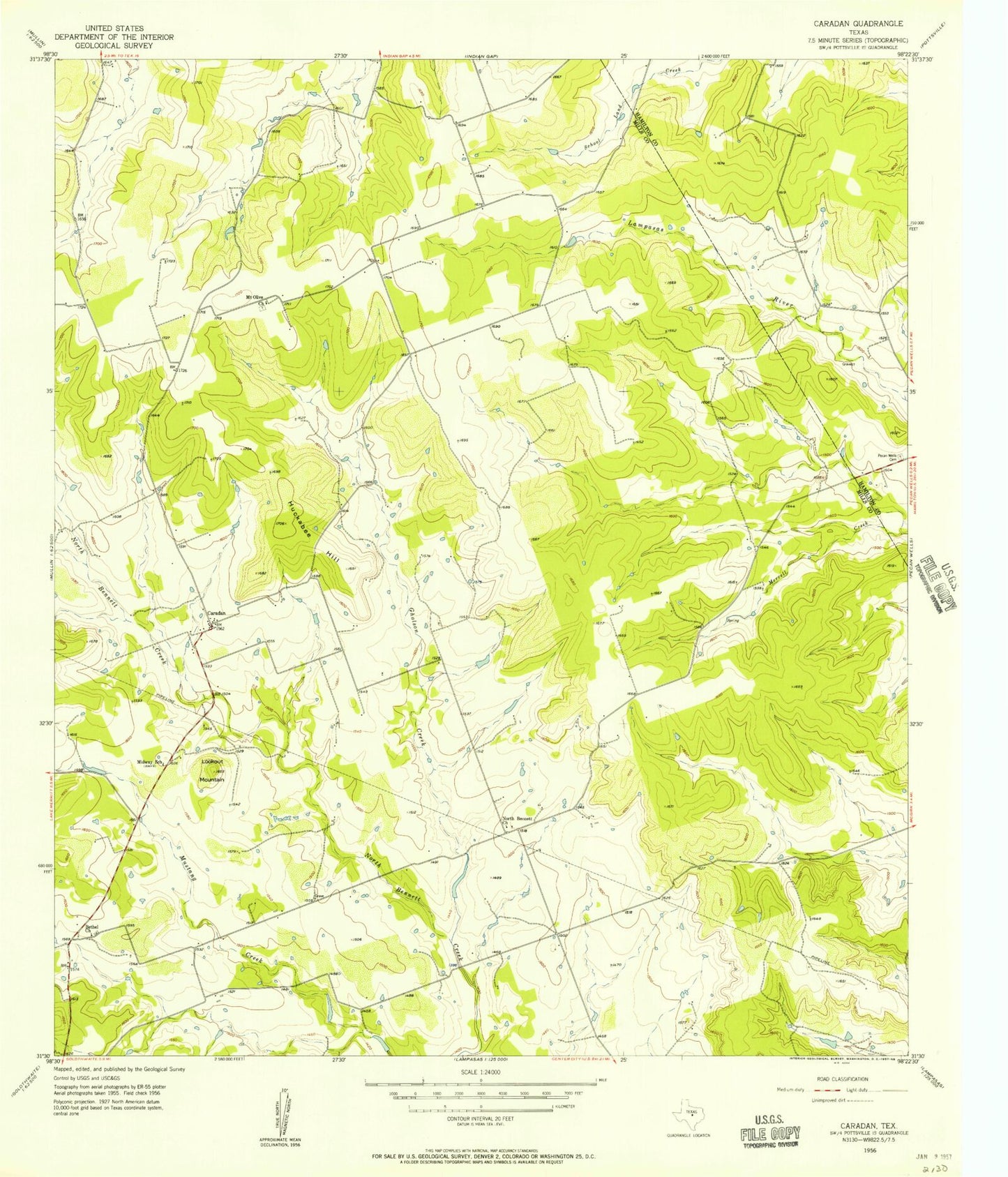 Classic USGS Caradan Texas 7.5'x7.5' Topo Map Image
