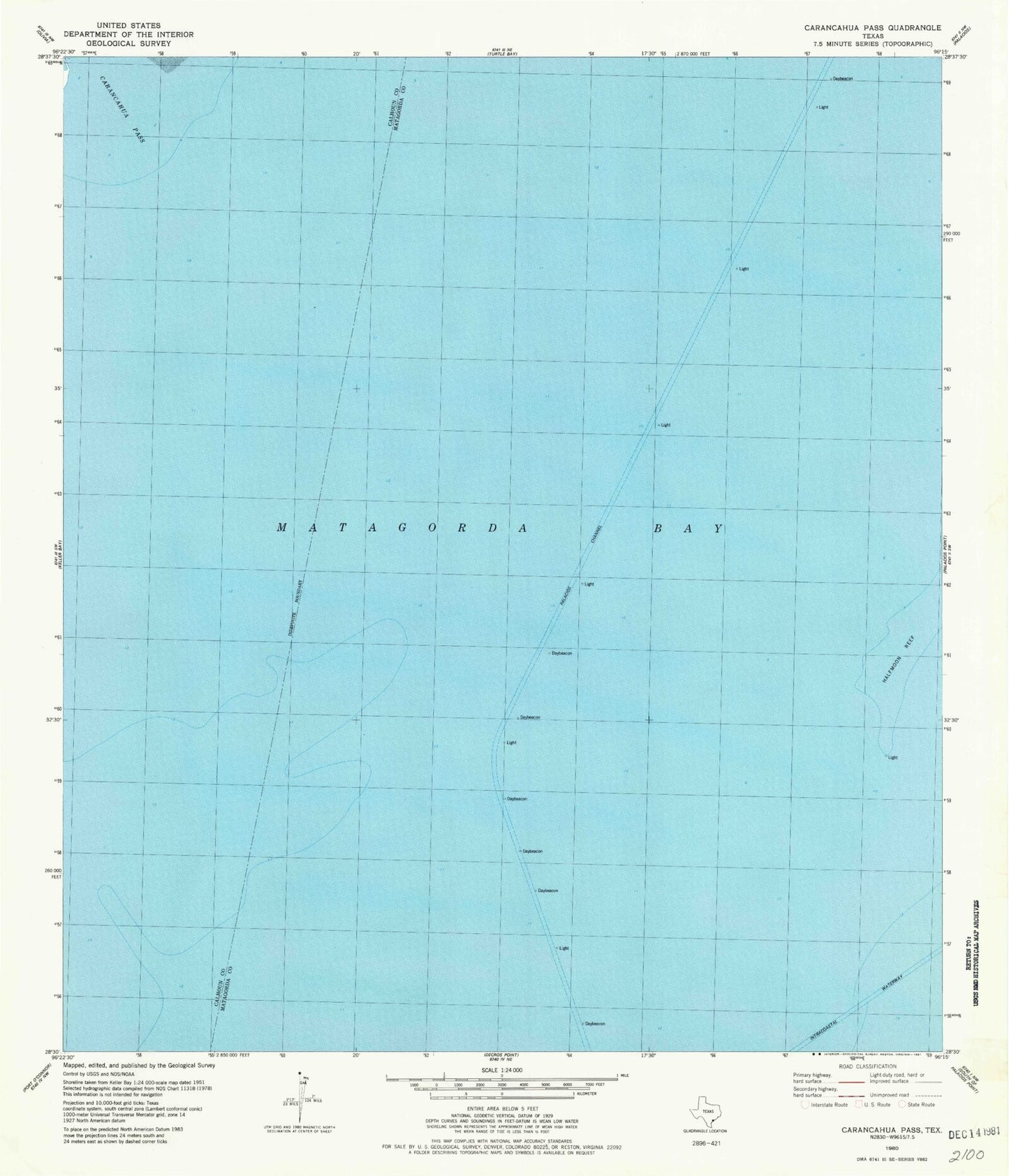 Classic USGS Carancahua Pass Texas 7.5'x7.5' Topo Map Image