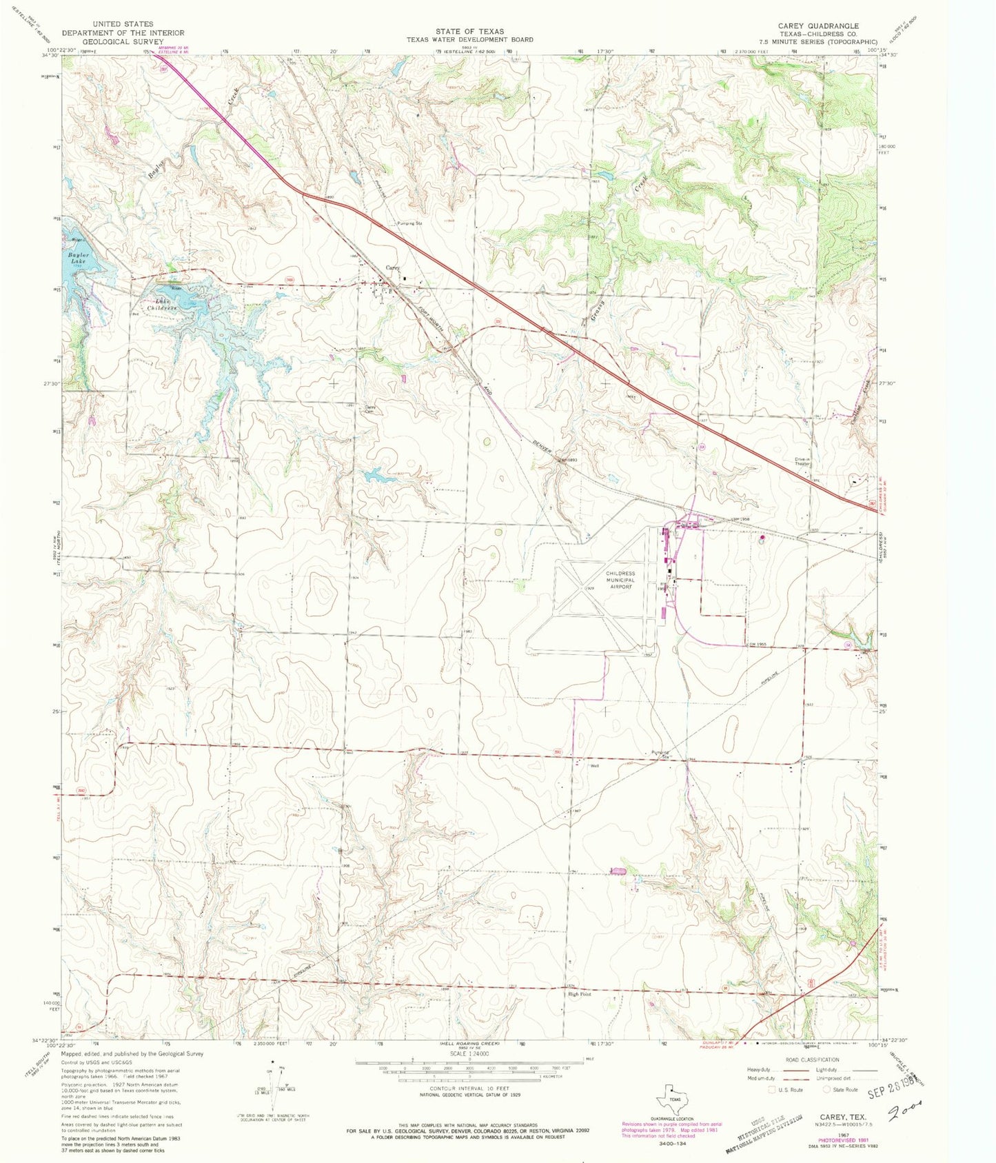 Classic USGS Carey Texas 7.5'x7.5' Topo Map Image