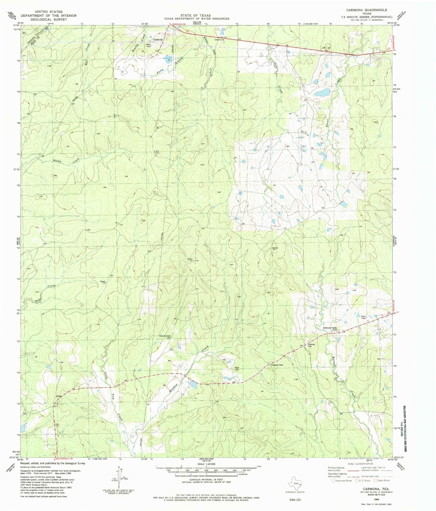 Classic USGS Carmona Texas 7.5'x7.5' Topo Map Image