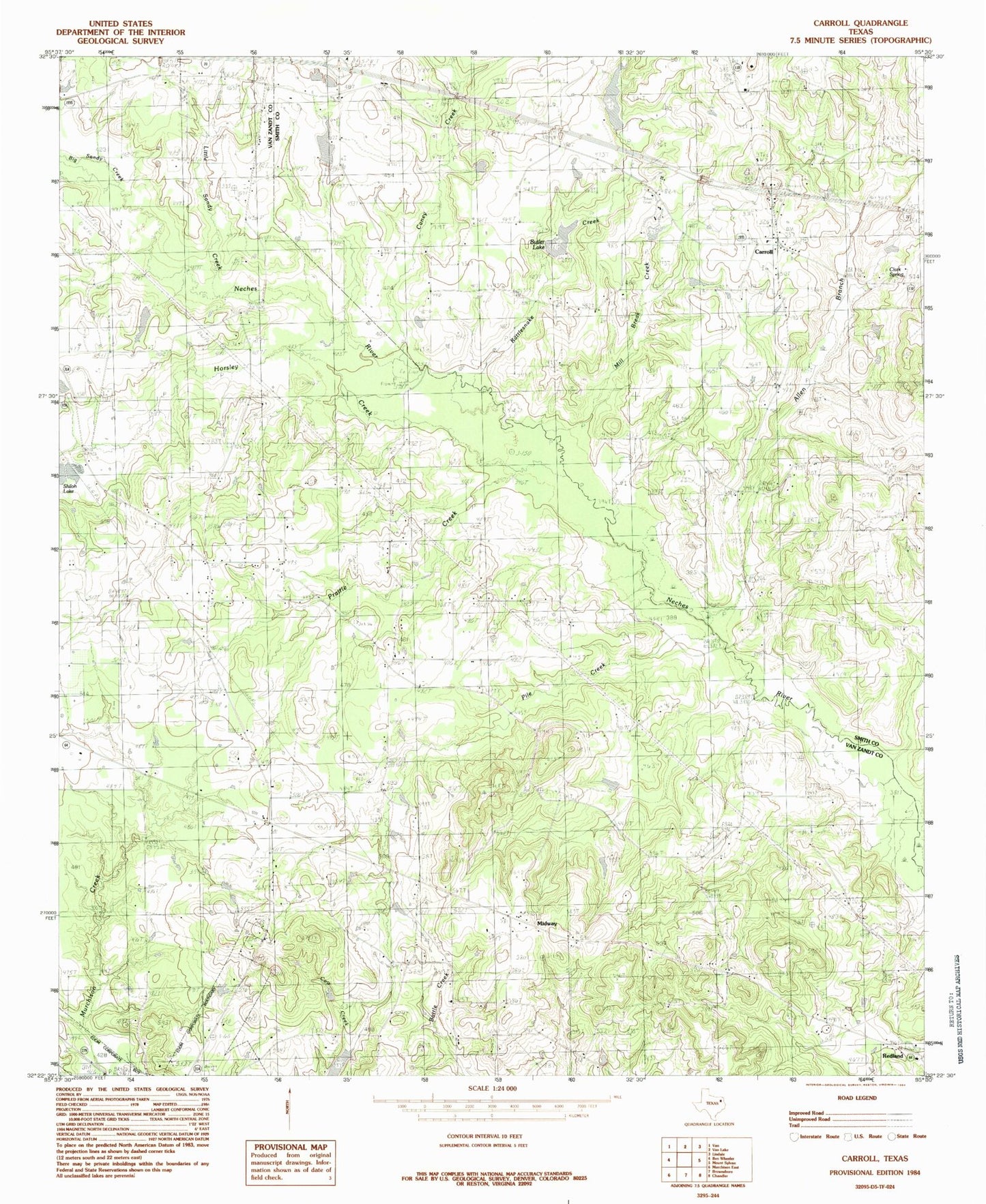 Classic USGS Carroll Texas 7.5'x7.5' Topo Map Image