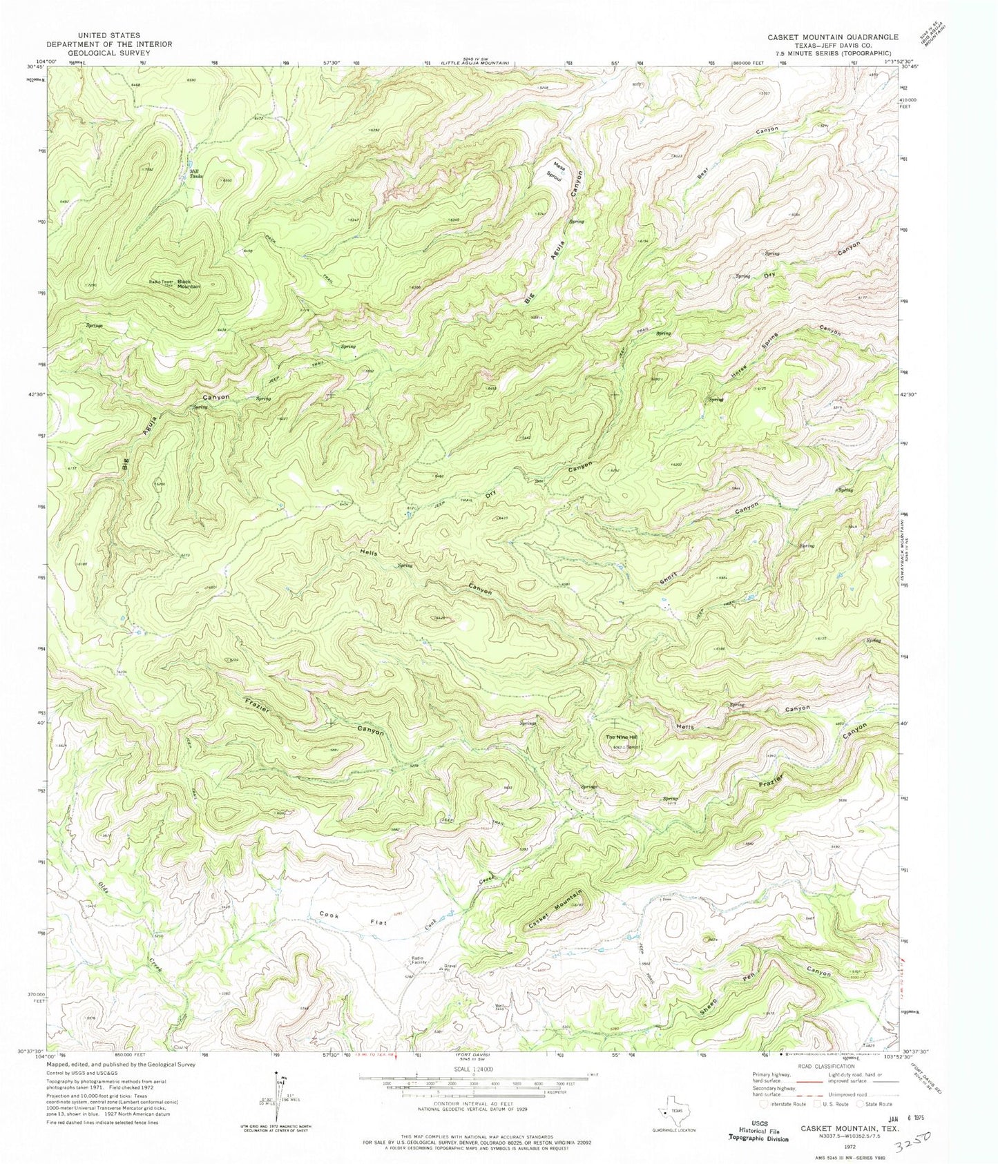 Classic USGS Casket Mountain Texas 7.5'x7.5' Topo Map Image