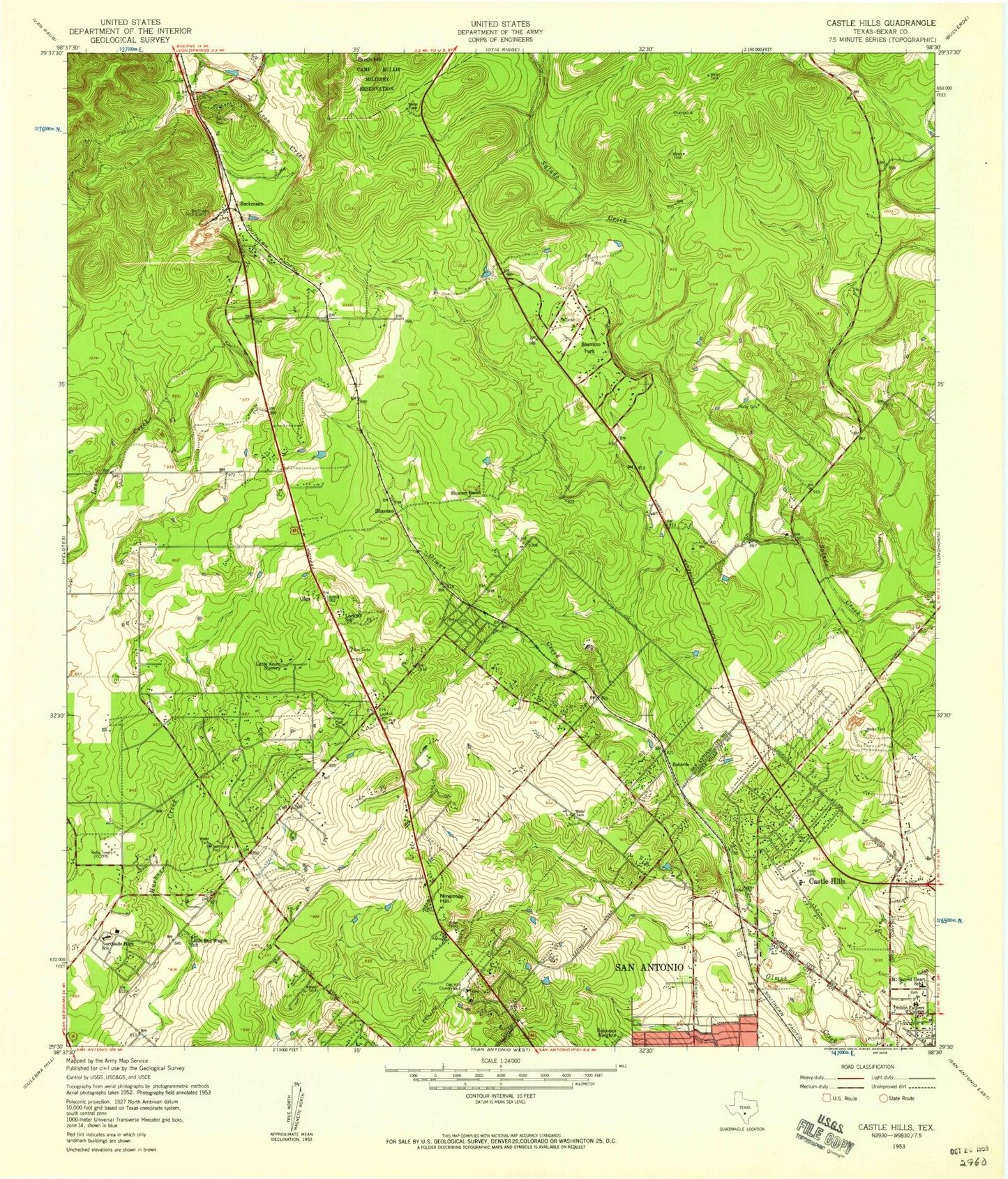 Classic USGS Castle Hills Texas 7.5'x7.5' Topo Map Image