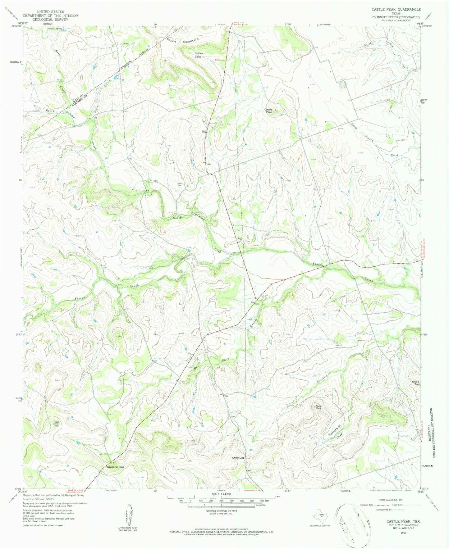Classic USGS Castle Peak Texas 7.5'x7.5' Topo Map Image