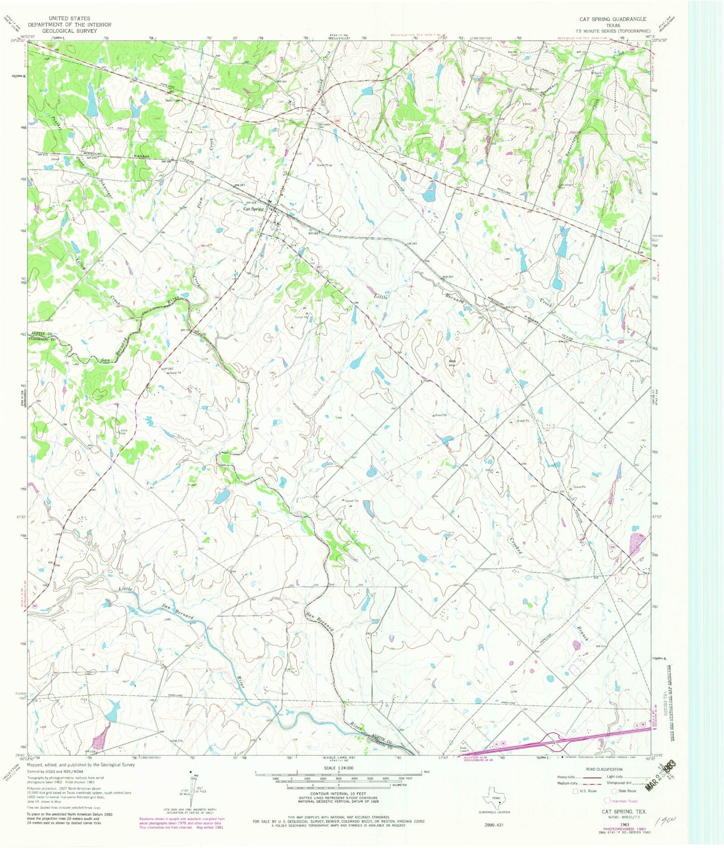 Classic USGS Cat Spring Texas 7.5'x7.5' Topo Map Image