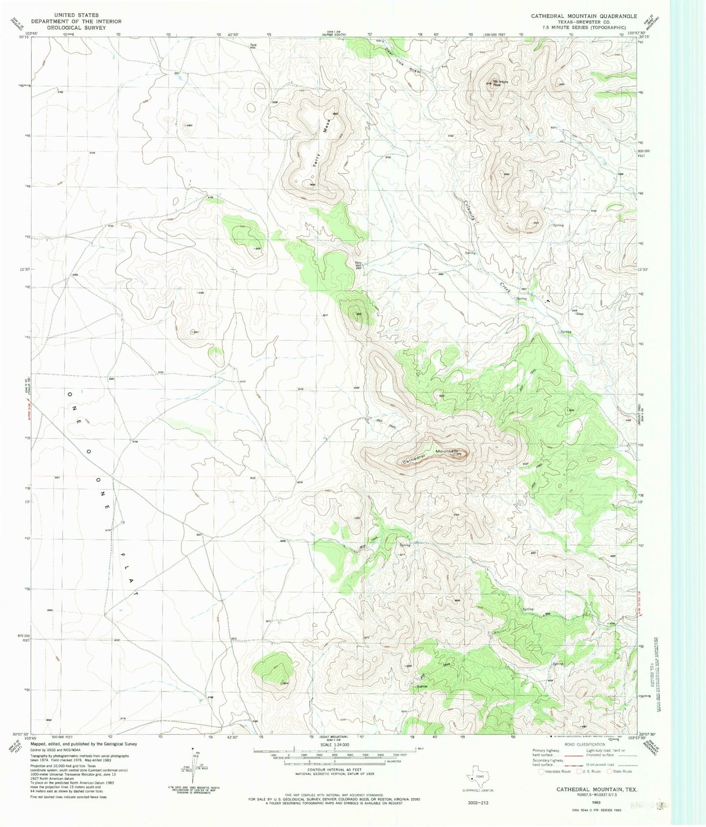 Classic USGS Cathedral Mountain Texas 7.5'x7.5' Topo Map Image