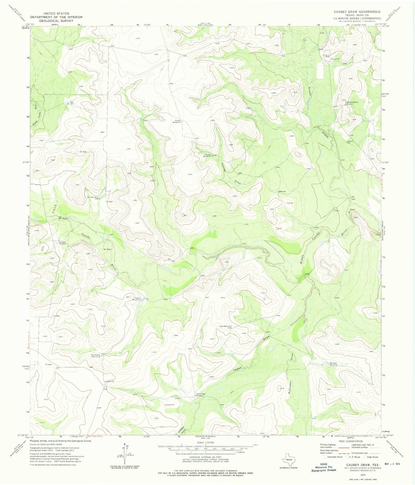 Classic USGS Causey Draw Texas 7.5'x7.5' Topo Map Image