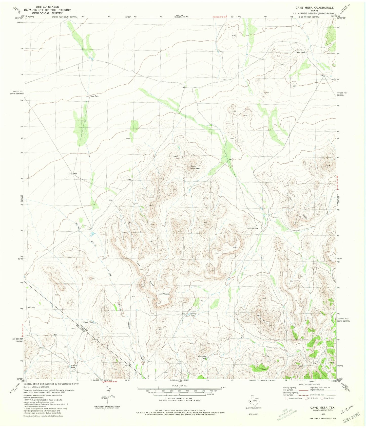 Classic USGS Cave Mesa Texas 7.5'x7.5' Topo Map Image