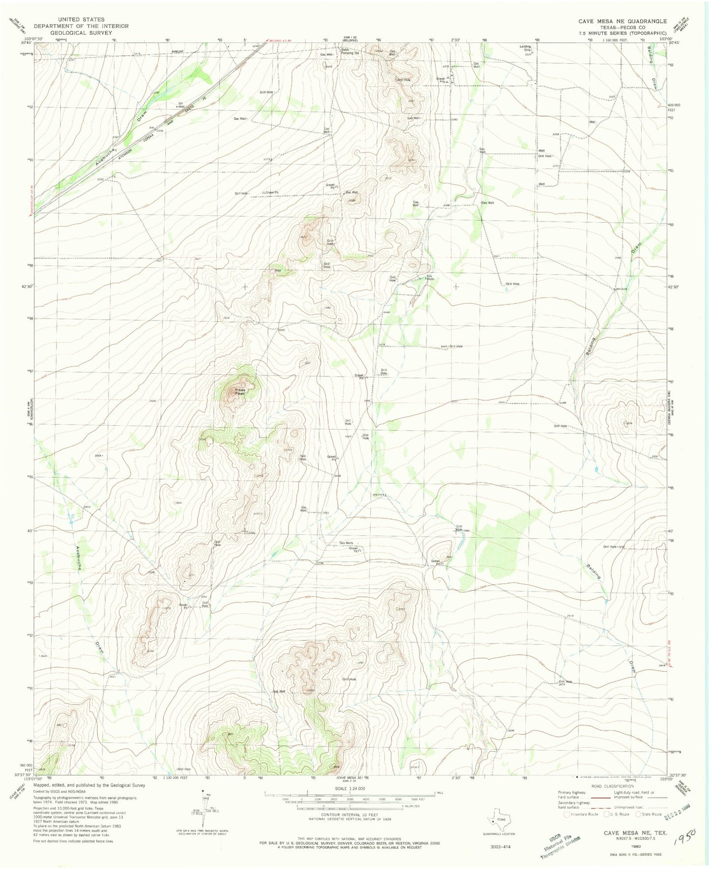 Classic USGS Cave Mesa NE Texas 7.5'x7.5' Topo Map Image