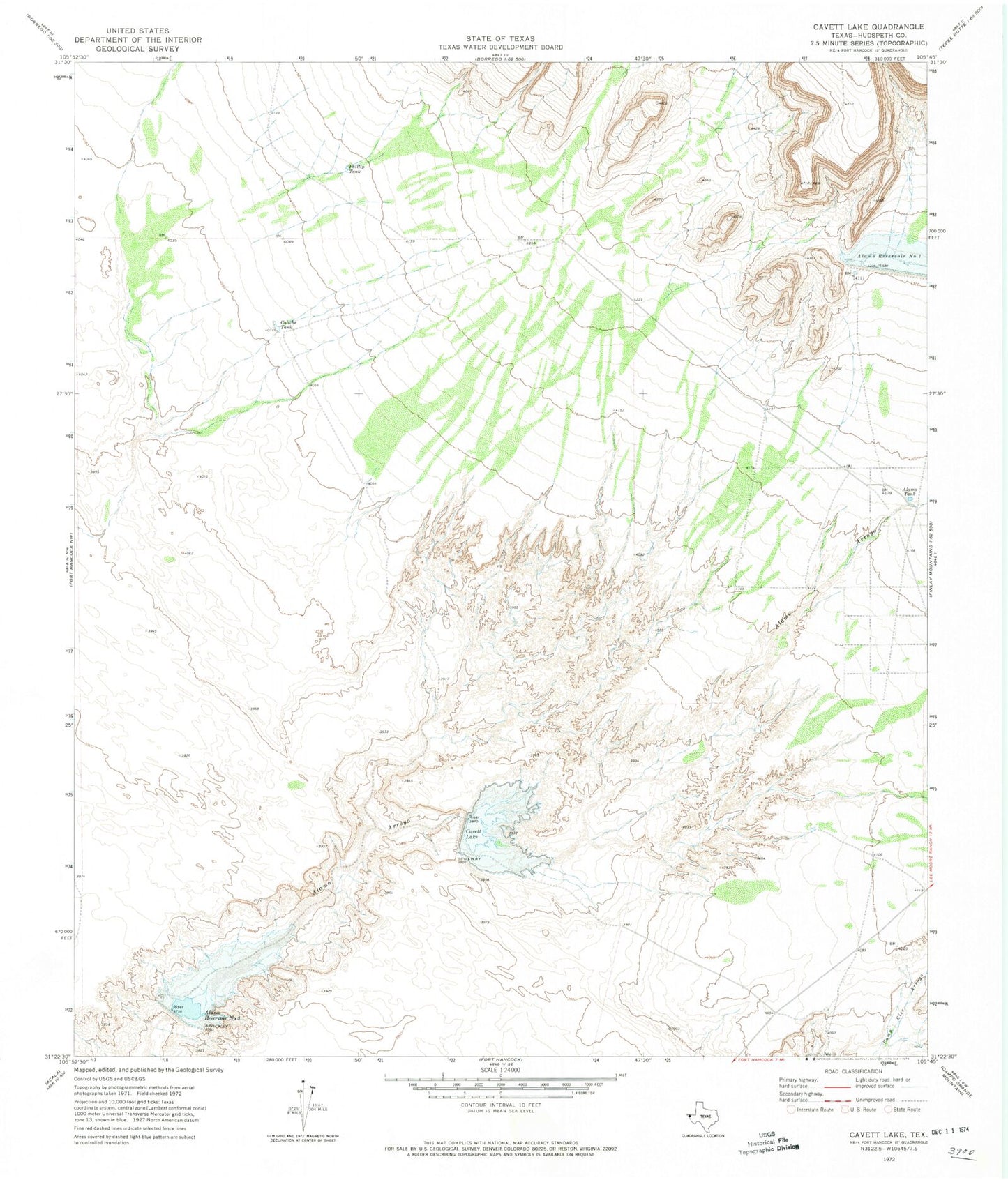 Classic USGS Cavett Lake Texas 7.5'x7.5' Topo Map Image