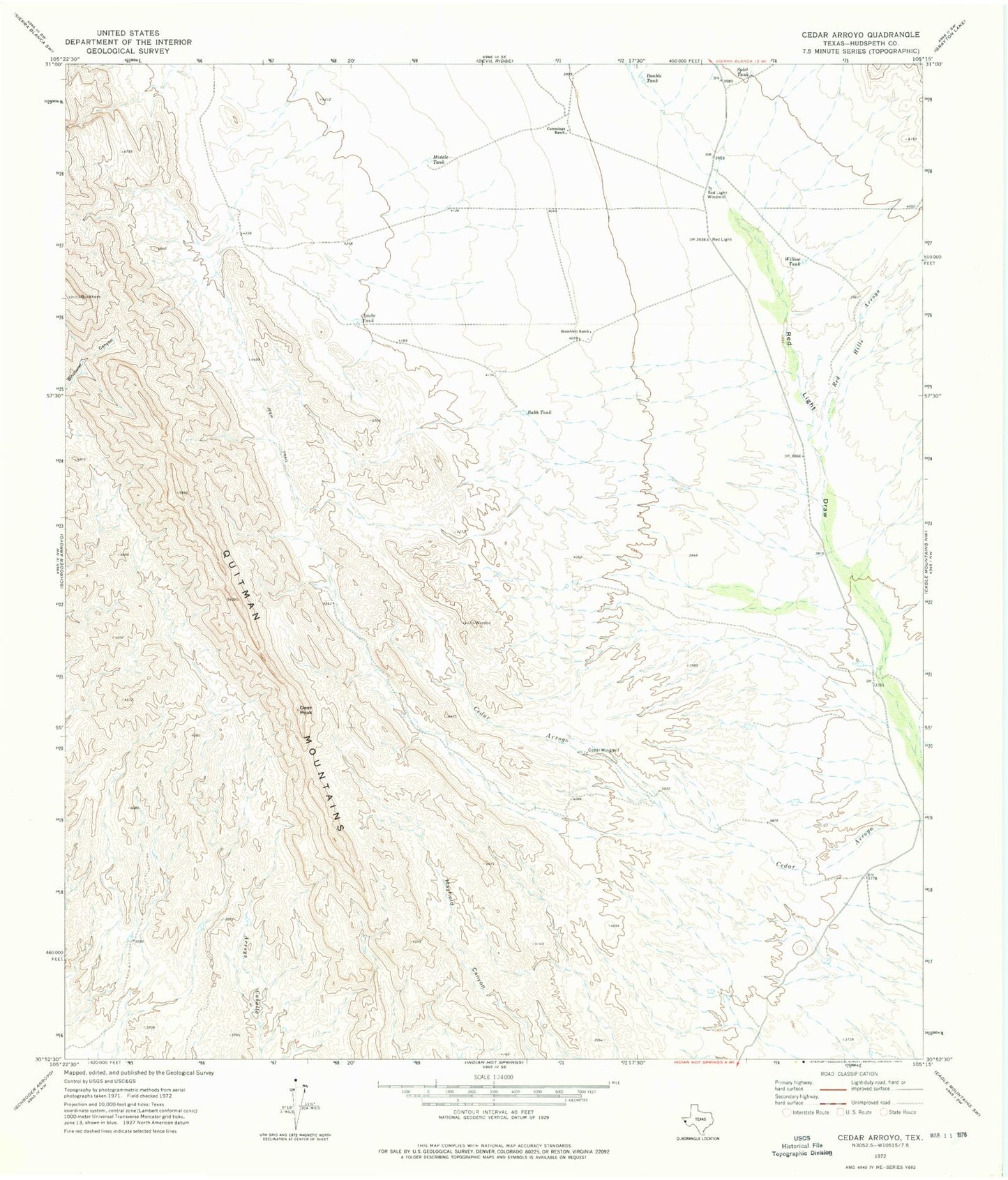 Classic USGS Cedar Arroyo Texas 7.5'x7.5' Topo Map Image